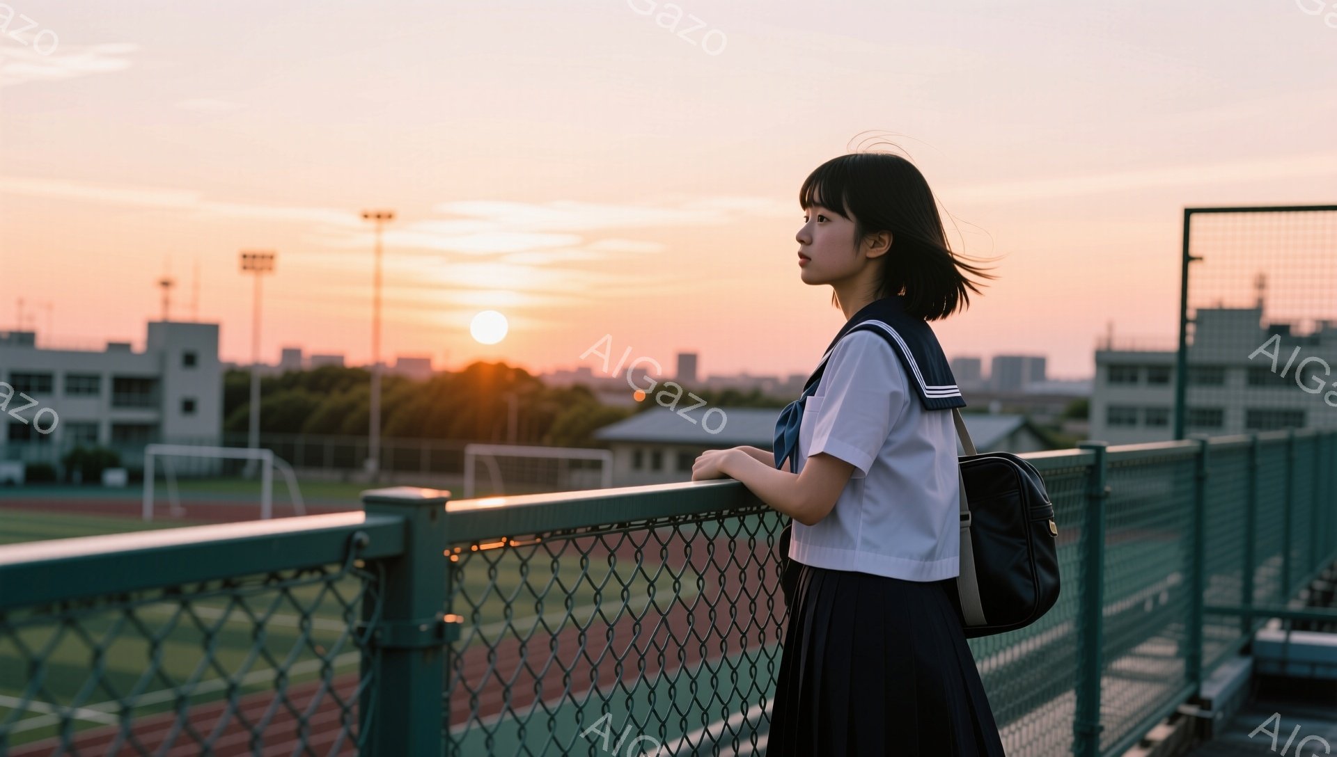夕焼けを背景に、制服を着た女子高生が手すりに寄りかかっている。彼女は黒いボブヘアで、少し物憂げな表情で遠くを見つめている。背景には、サッカー場や建物が広がり、オレンジと紫が混ざり合った空が夕焼けの美しさを際立たせている。