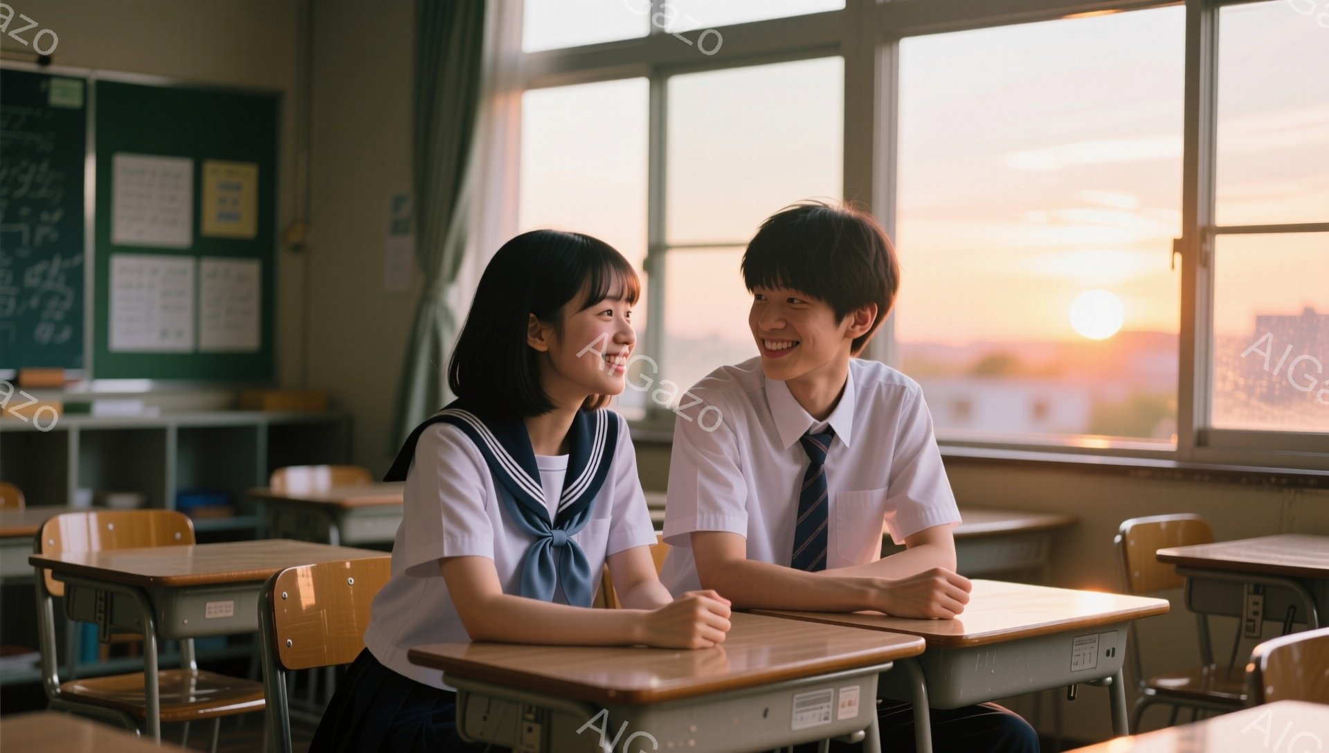 制服を着た若い男女が教室で向かい合って座っており、互いに微笑み合っている。少女は黒髪を肩まで伸ばし、セーラー服を着ている。少年は短髪で、紺色のブレザーにネクタイを締めている。背景には窓から差し込む夕日 - AI生成フリー素材