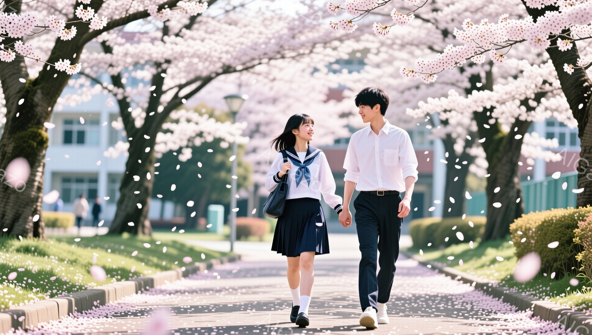制服を着た女子学生は、紺色のスカートと白いシャツに、赤いリボンを付けている。彼女は少し微笑み、左手にバッグを提げ、男子学生と手をつないで歩いている。背景には桜並木が続き、桜の花びらが舞い散る春の晴天で、大学のような建物が見える、ロマンチックで爽やかな雰囲気だ。