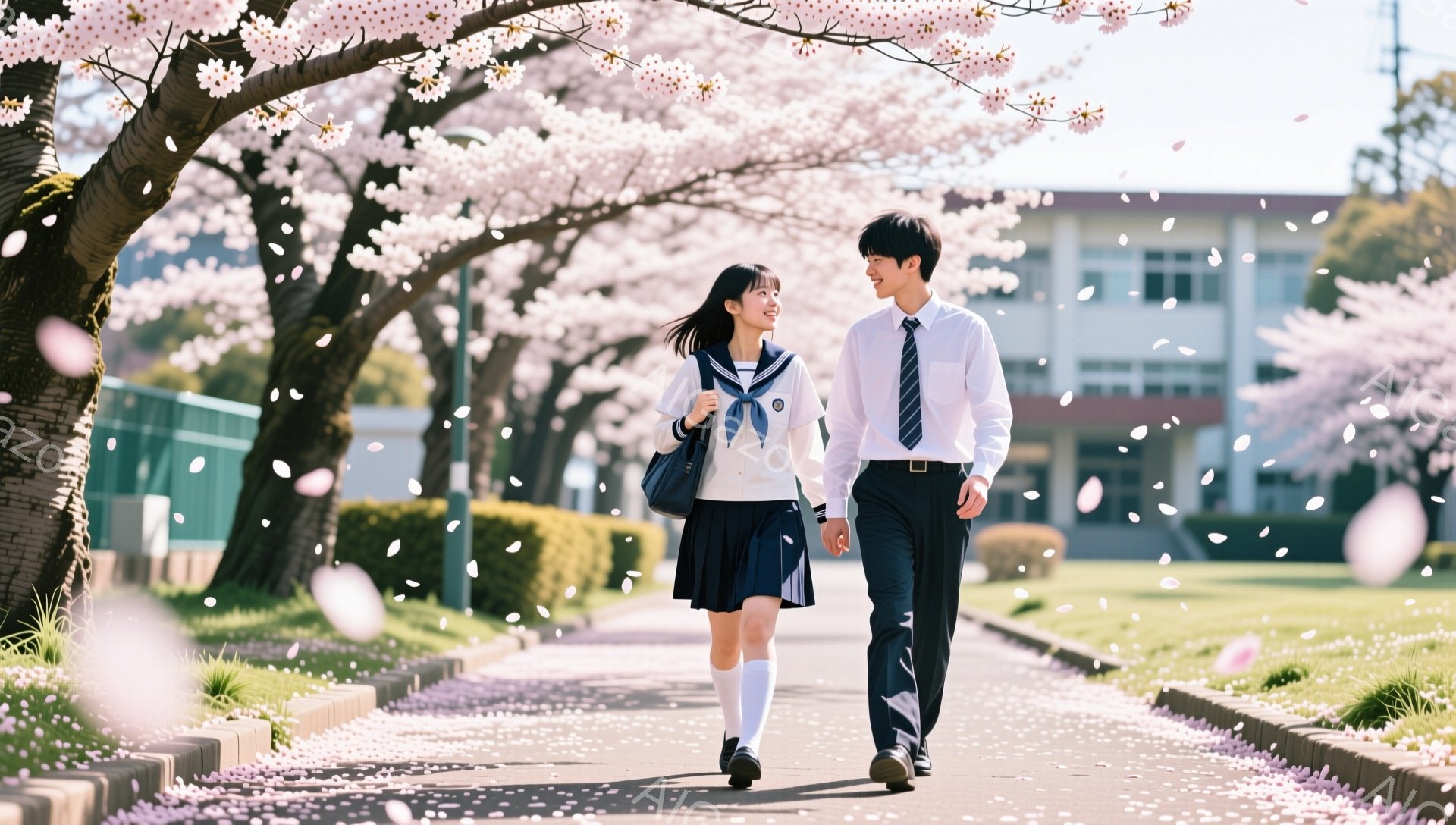 制服姿の男女が桜並木の中を並んで歩いている。女性は、明るい笑顔で、短い髪を軽く揺らしながら、紺色のリボンと白のセーラー襟のブラウスに、プリーツスカート、白いハイソックス、黒いローファーを履いている。男 - AI生成フリー素材