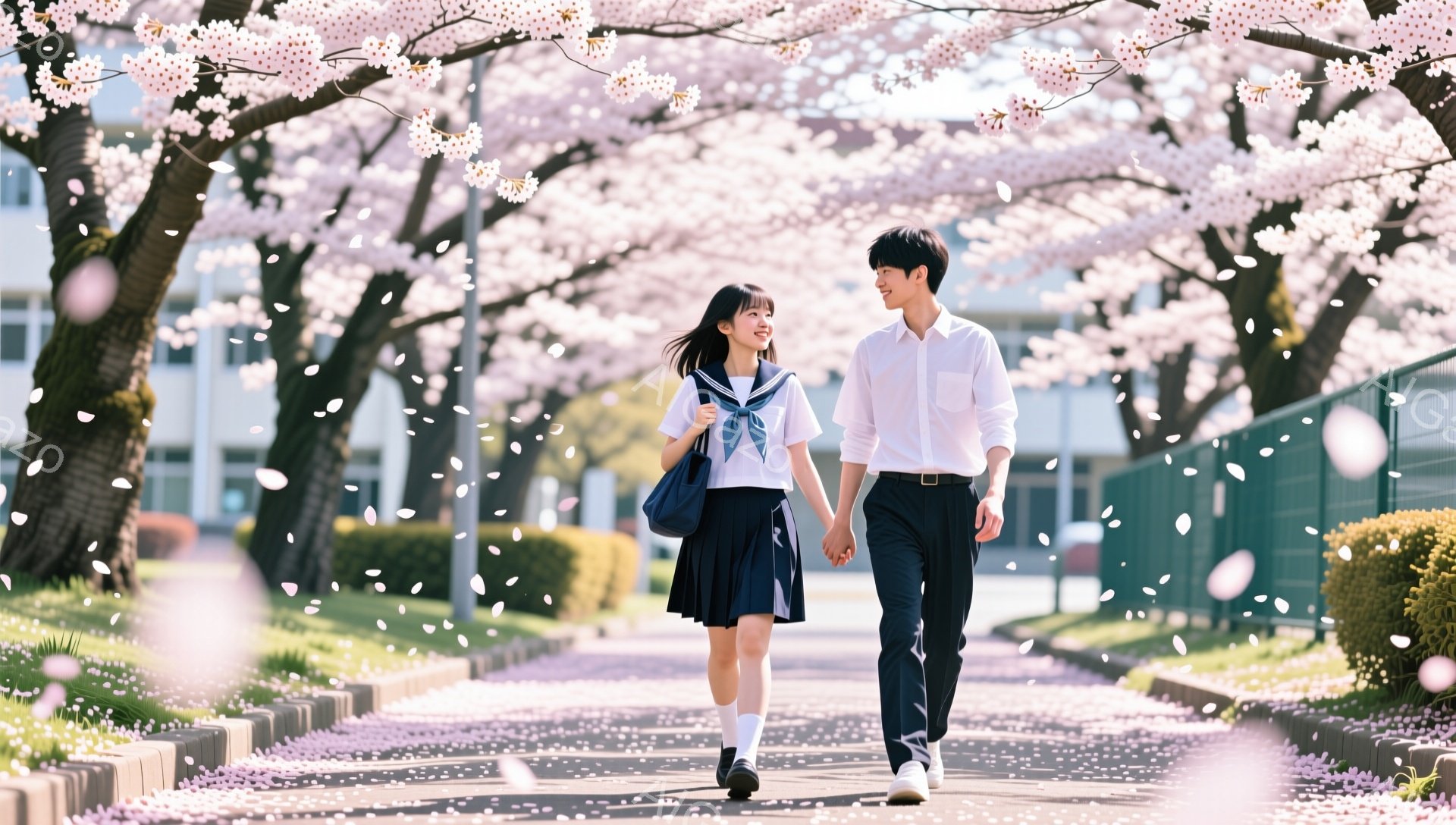 桜並木を男女の学生が手をつないで歩いている様子が描かれています。女性は紺色のスカートと白いシャツ、リボンに髪を後ろで結んでいる姿で、男性は白いシャツに紺色のズボンを着用しています。背景には桜の花びらが - AI生成フリー素材