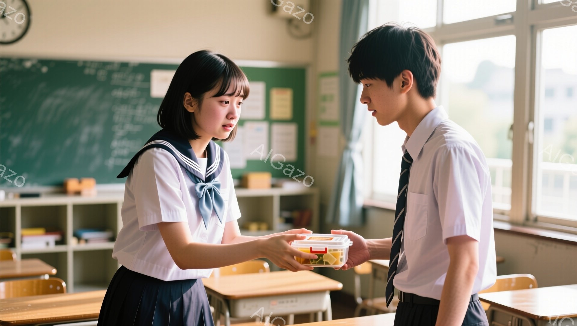教室で、女子学生が男子学生に弁当を渡している場面です。女子学生は、紺色のリボンと白いセーラー服を着ており、少し微笑みながら弁当を差し出しています。男子学生は、制服姿で少し照れたように下を向いて弁当を受け取ろうとしています。