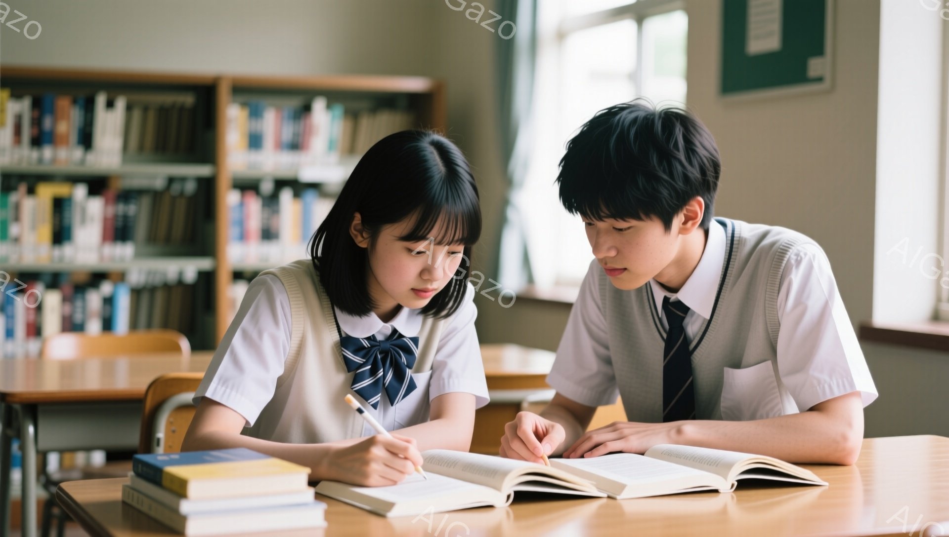 制服を着た女子生徒と男子生徒が机に向かい、本を広げて勉強している様子が写っている。女子生徒は黒髪で前髪を下ろし、真剣な表情でペンを手に本に書き込んでいる。背景には本棚が並び、明るい光が差し込み、落ち着 - AI生成フリー素材