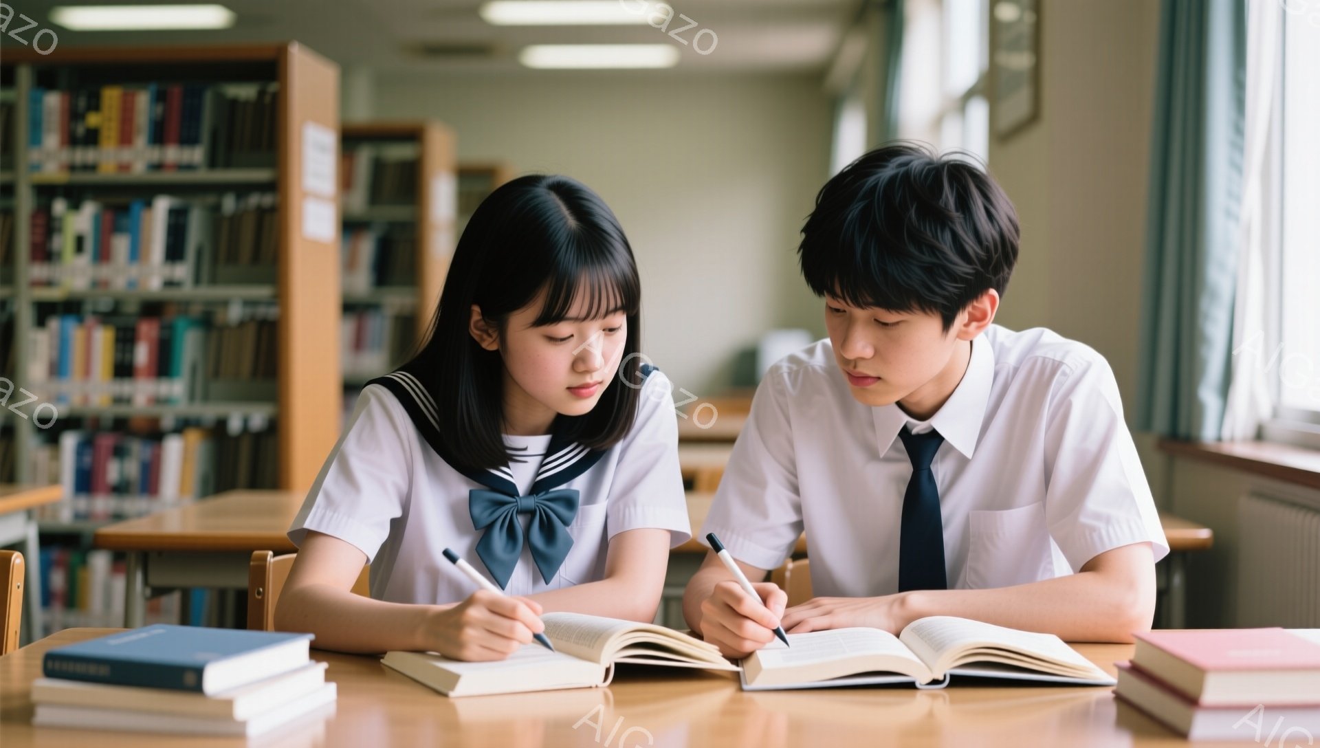 図書館で、制服を着た女子高生と男子高校生が机に向かい、本を開いて書き込みをしている。女子生徒は黒髪で前髪を少しカールさせ、集中してペンを走らせている。男子生徒も同じように制服姿で、真剣な表情で本に書き - AI生成フリー素材