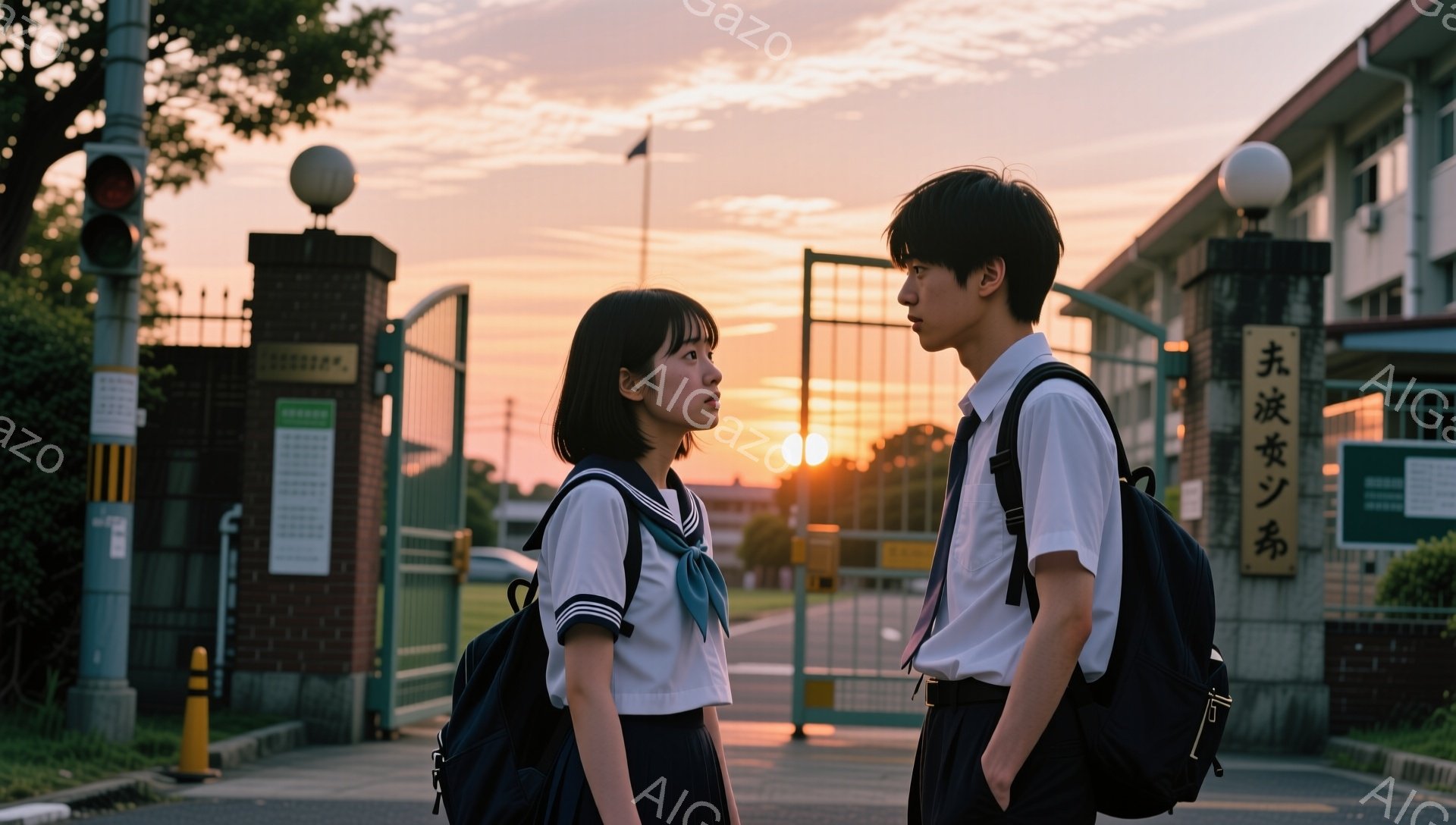 制服を着た男女が並んで立っており、女性はショートヘアで、少し下を向いた表情をしている。男性は黒髪で、手をポケットに入れ、遠くを見ているようだ。背景には学校の建物と緑豊かな木々、そして夕焼け空が広がり、ノスタルジックで少し切ない雰囲気が漂っている。