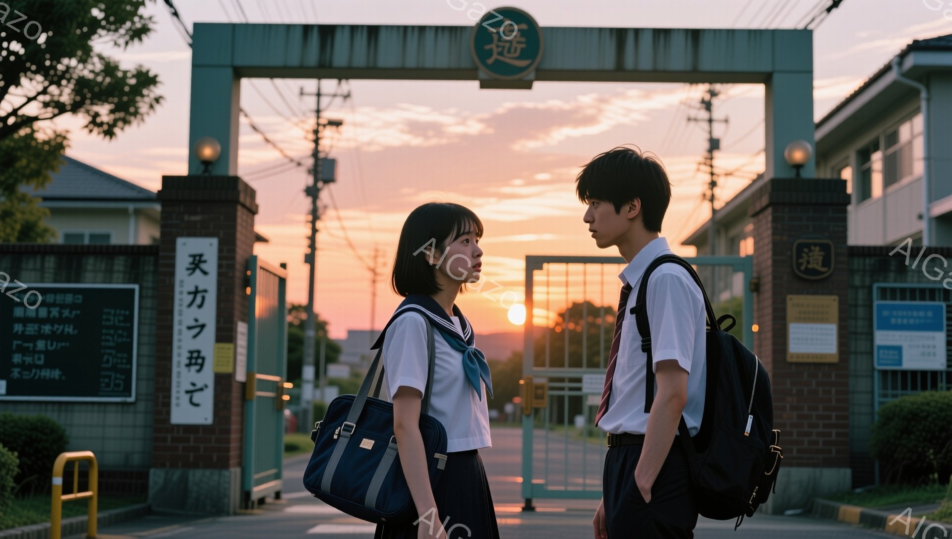 制服を着た女子高生と男子高校生が、学校の門の前で背中合わせに立っている。女子高生は茶色の短い髪で、少し不安そうな表情をしている。背景には夕焼け空と学校の建物が見え、温かくノスタルジックな雰囲気を醸し出 - AI生成フリー素材