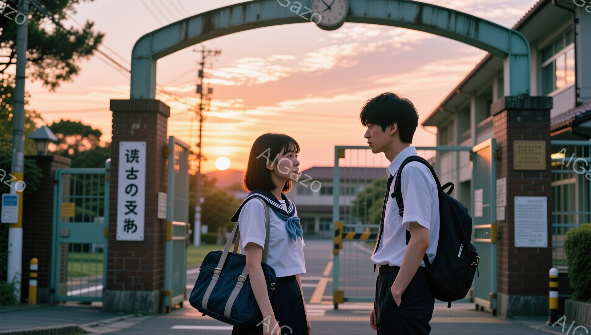 制服を着た若い男女が、校門の前で向き合って立っている。少女は黒髪で、少し内側を向いた表情で、肩にかけたバッグを持っている。少年は黒髪短髪で、少し憂いを帯びた表情で、片手をズボンのポケットに入れている。