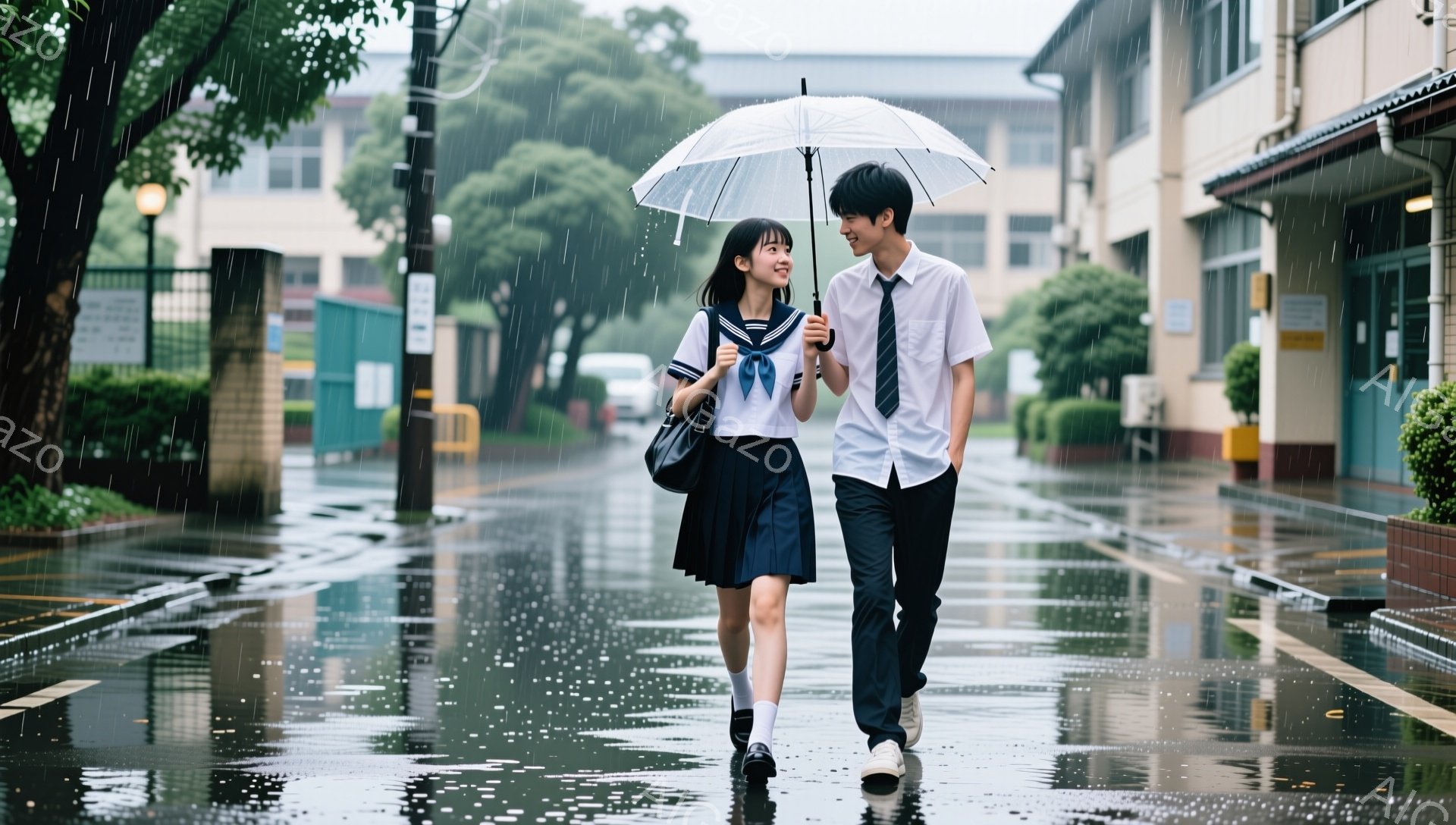 制服を着た男女が雨の中を歩いている。女の子は白いブラウスに濃い青色のスカート、リボンタイを着用し、肩に黒いバッグをかけている。男の子は白シャツに濃い青色のズボン、ネクタイを締め、二人は並んで歩き、女の子が透明な傘をさしている。