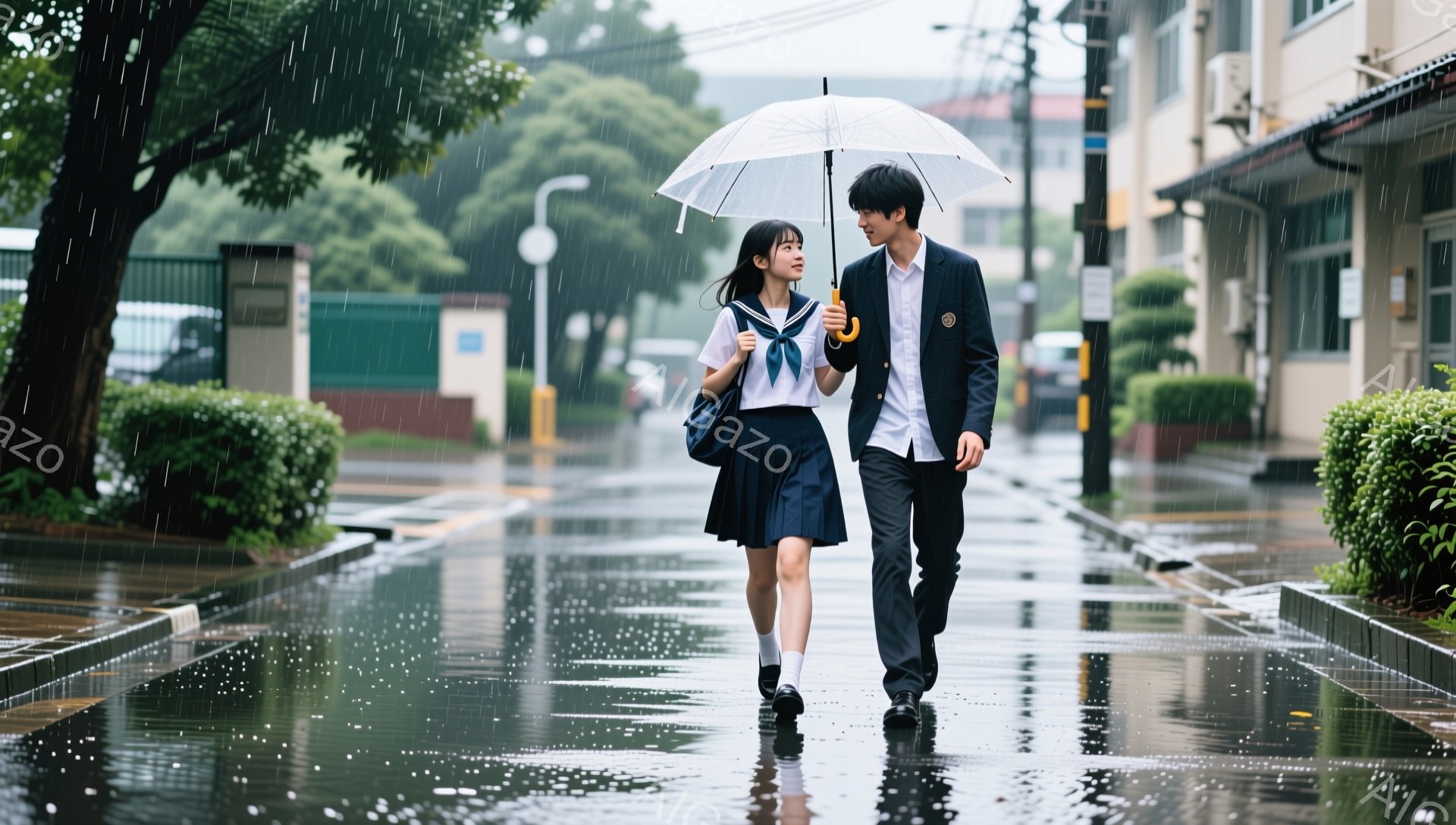 雨が降る中、制服を着た男女が並んで歩いている。女子は白いブラウスと紺色のスカート、リボンで髪をまとめ、男子は紺色のブレザーにスラックス姿で、共に少し微笑んでいるように見える。背景には緑豊かな木々や建物が見え、濡れた道路が雨の雰囲気を強調している。