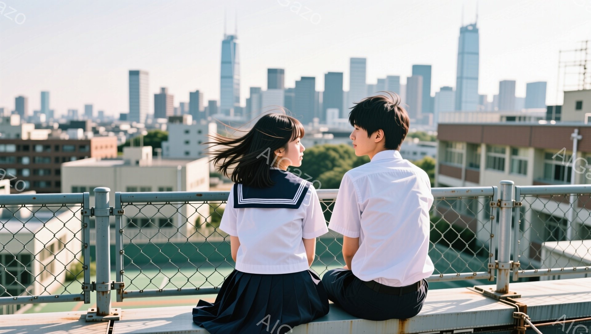 制服を着た男女が屋上の柵に並んで座り、遠くの都市を見つめています。女性は長い黒髪で、男性は短髪で、どちらも後ろ姿のため表情は見えません。背景には高層ビル群が広がり、晴れた空と緑の芝生があり、どこか懐かしい青春の雰囲気が漂います。