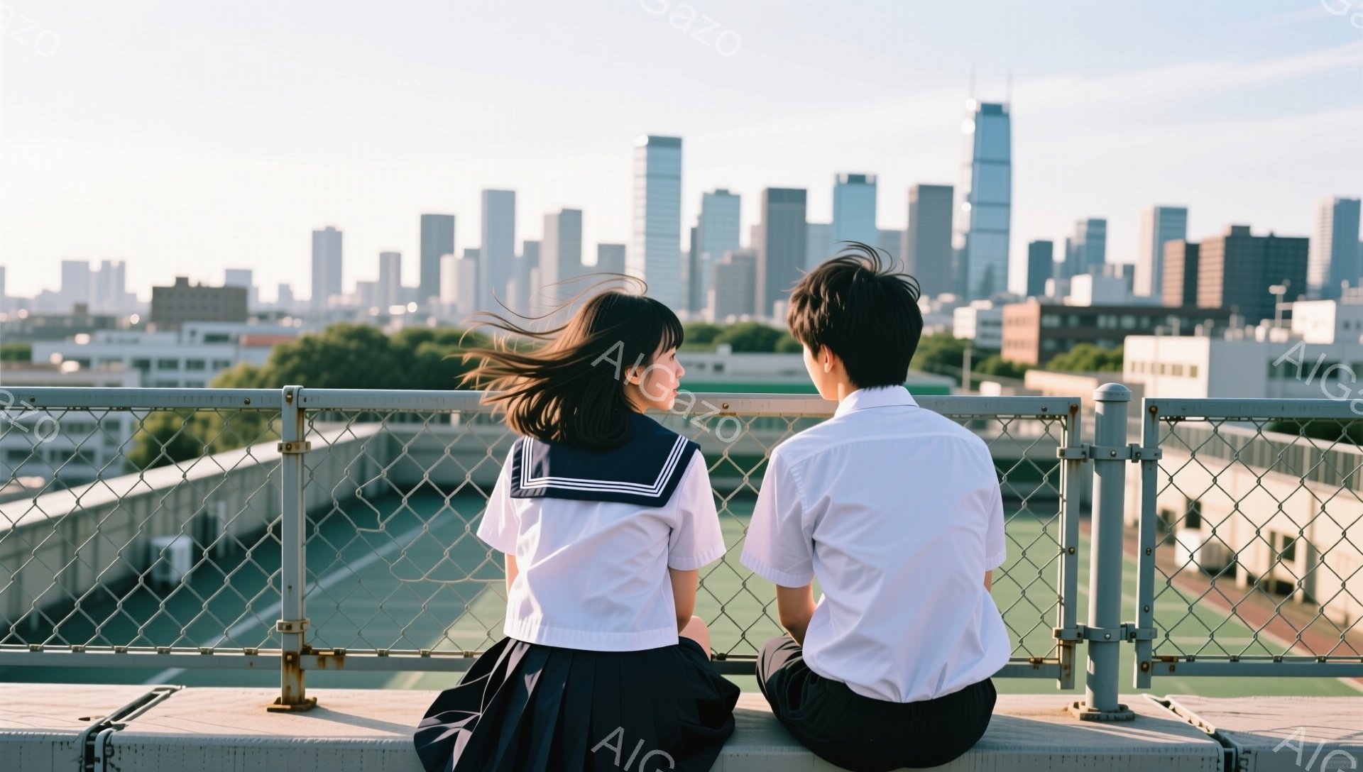 制服姿の男女が屋上の縁に並んで座り、遠くの街並みを眺めている。女子は黒髪を風になびかせ、男子は後ろ姿で、緊張や期待が入り混じったような雰囲気が漂う。背景には高層ビル群が広がり、青空の下、春の穏やかな一日が感じられる。