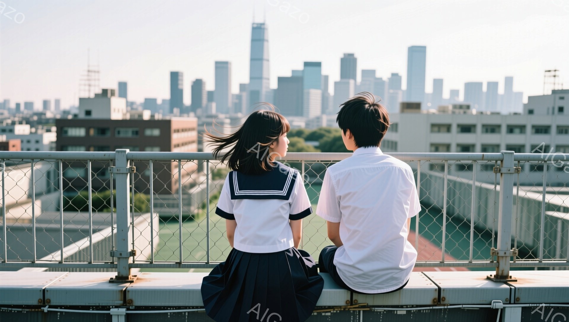 制服を着た女子高生と男子高校生が、金属製の柵に並んで座り、遠くの街を見下ろしている。女子高生はダークカラーのロングヘアで、セーラー服姿、男子高校生は白いシャツにズボン姿である。背景には高層ビル群が広がり、晴天の下、少しノスタルジックで青春を感じさせる雰囲気が漂っている。