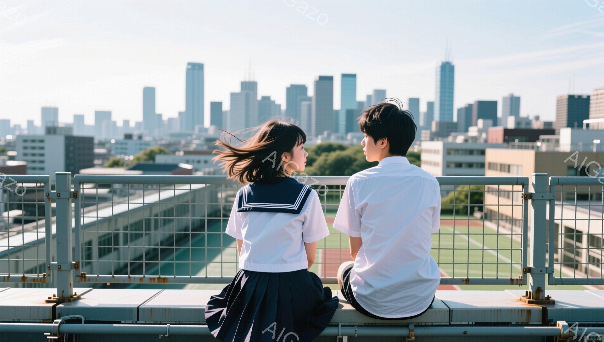 制服姿の女子高生と男子高生が、屋上の柵に並んで座り、遠くの街並みを眺めている。女子高生は黒髪を風になびかせ、横顔を見せている。背景には高層ビル群や運動場、晴れた空が広がり、爽やかで少し切ない雰囲気が漂っている。