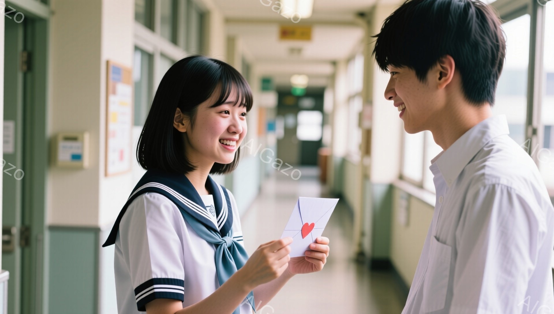 女学生はセーラー服を着て、笑顔で男学生に手紙を渡しています。手紙には赤いハートが描かれており、二人は廊下で向き合い、嬉しそうな表情をしています。廊下は明るく、学校内であることがわかります。
