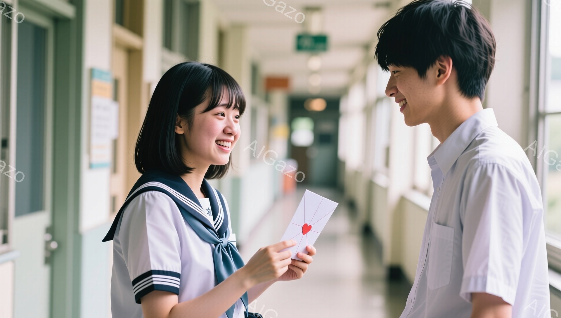 制服を着た女子学生が、赤いハートの絵が描かれた手紙を男子学生に渡そうとしています。彼女は短い黒髪で、笑顔で少し上目遣いに見つめており、男子学生もまた微笑みながら彼女を見つめ返しています。背景は学校の廊下で、壁の色は薄い緑色で、窓から自然光が差し込んでおり、暖かく親密な雰囲気を醸し出しています。