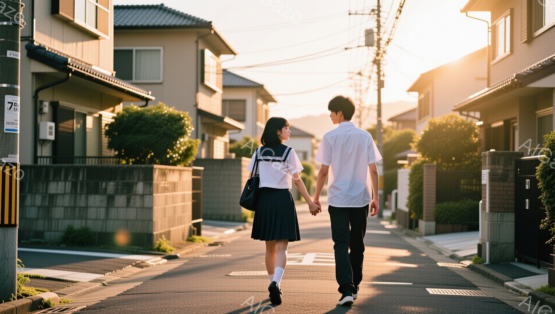 制服を着た女子高生と男子高校生が、夕暮れ時の住宅街の道を手をつないで歩いている。女子高生は、紺色のブレザーにプリーツスカート、長い髪を後ろで結んでいる。男子高校生は、白いシャツにズボン姿で、二人は並んで歩きながら、穏やかで少しロマンチックな雰囲気を醸し出している。