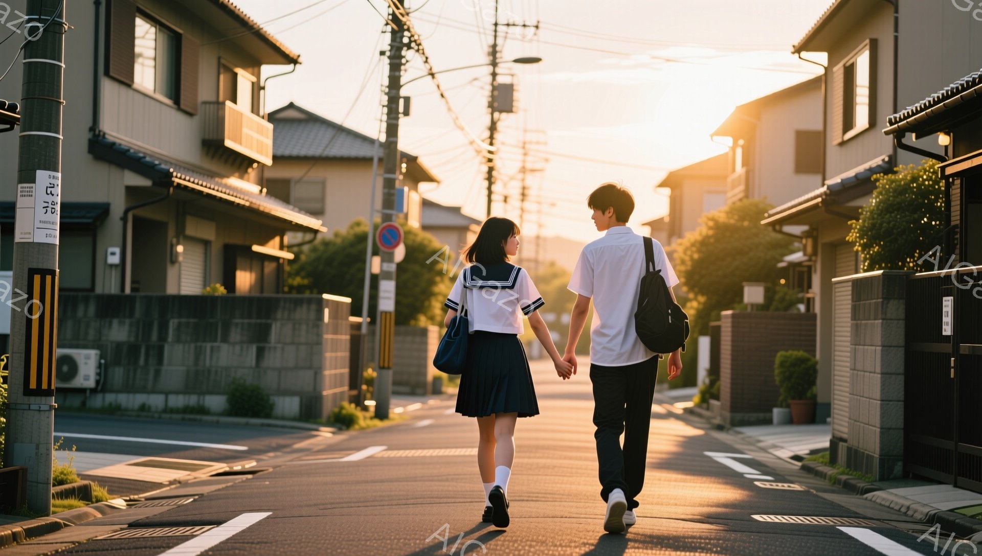 制服を着た男女が、住宅街の道を手をつないで歩いている。女子は白いブラウスに紺色のスカート、男子は白いシャツに紺色のズボンを着用し、それぞれリュックサックを背負っている。夕暮れ時で、暖かく柔らかな光が路面や建物に差し込み、ノスタルジックな雰囲気を醸し出している。