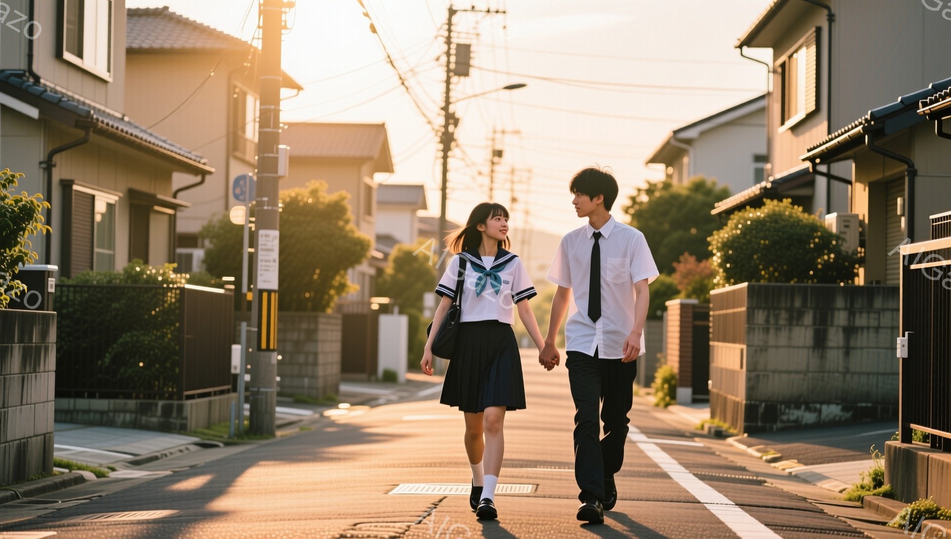 制服を着た男女が、住宅街の道路を並んで歩いている。女性は紺色のリボンとスカート、男性は黒いパンツに白いシャツを着ており、互いに手を繋いでいる。夕暮れ時の柔らかい光が背景の家々や緑を照らし、温かく穏やかな雰囲気を醸し出している。