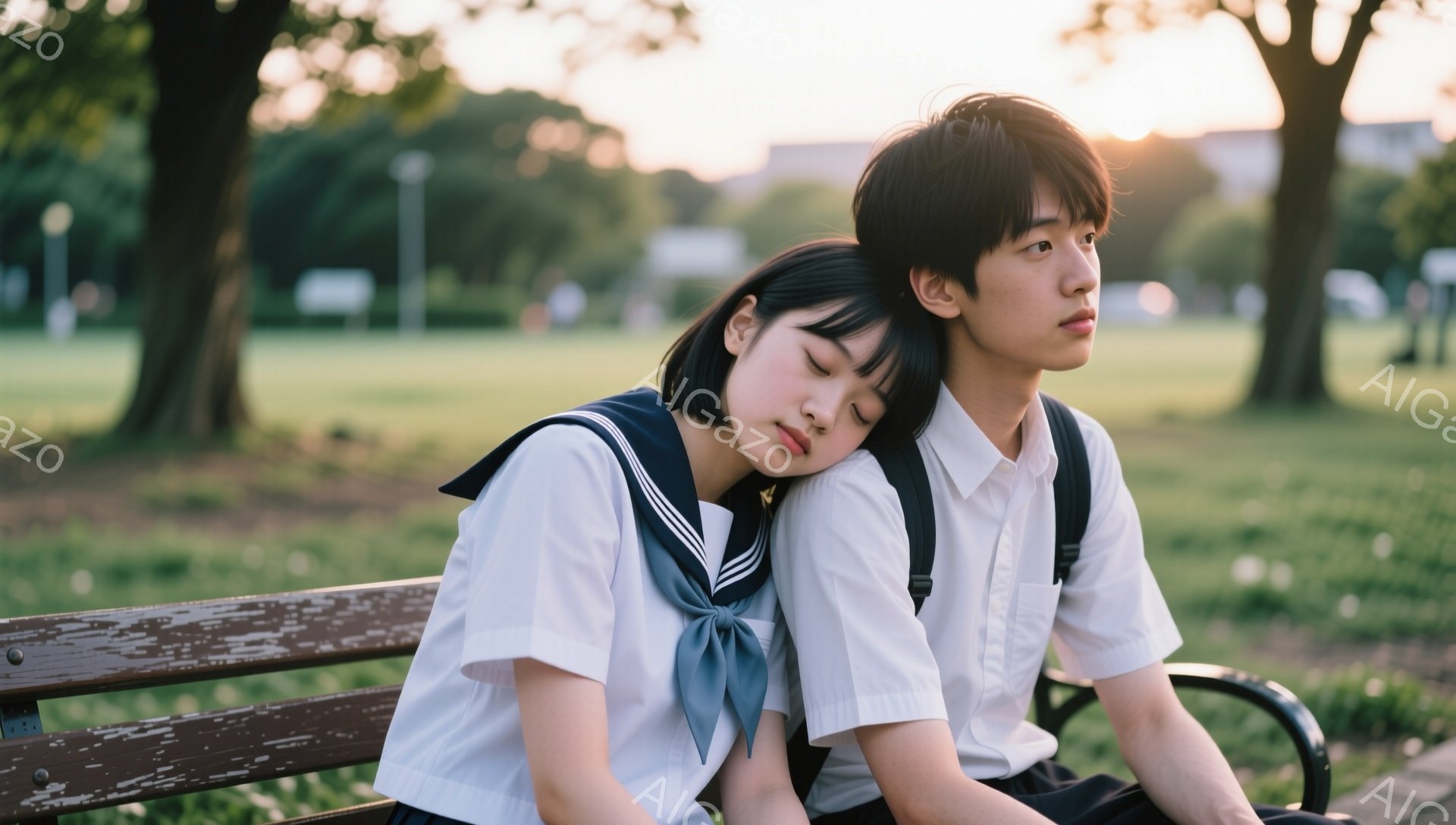 公園のベンチに座る若い男女が写っている。女子は紺色のセーラー服を着ており、黒髪を肩まで伸ばしたヘアスタイルで、ベンチに寄りかかって目を閉じている。男子は白いシャツを着ており、少し緊張した表情で遠くを見つめている。