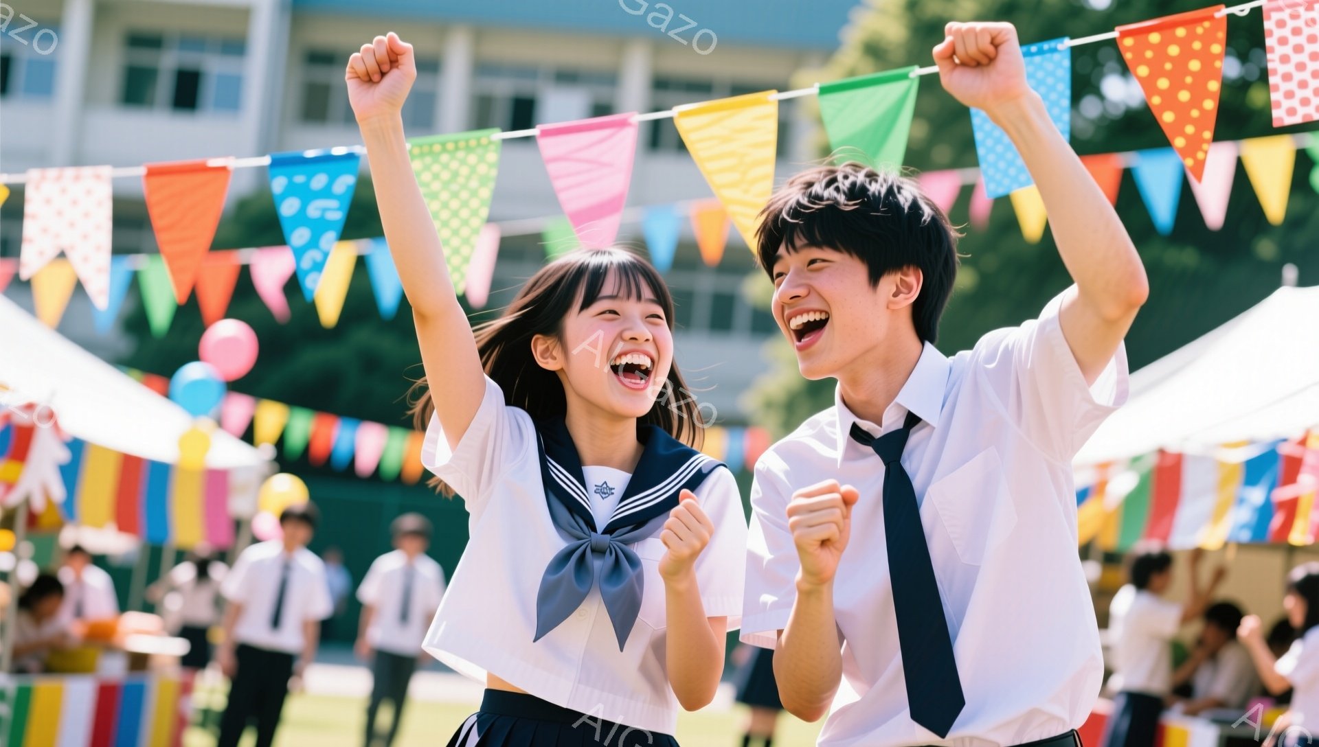 制服を着た男女が、カラフルな旗が飾られた屋外で両手を上げて喜んでいます。女性は黒髪のショートヘアで、明るい笑顔を見せています。背景には、他の人々や屋台、青い空と緑の芝生があり、お祭りやイベントのような賑やかな雰囲気です。