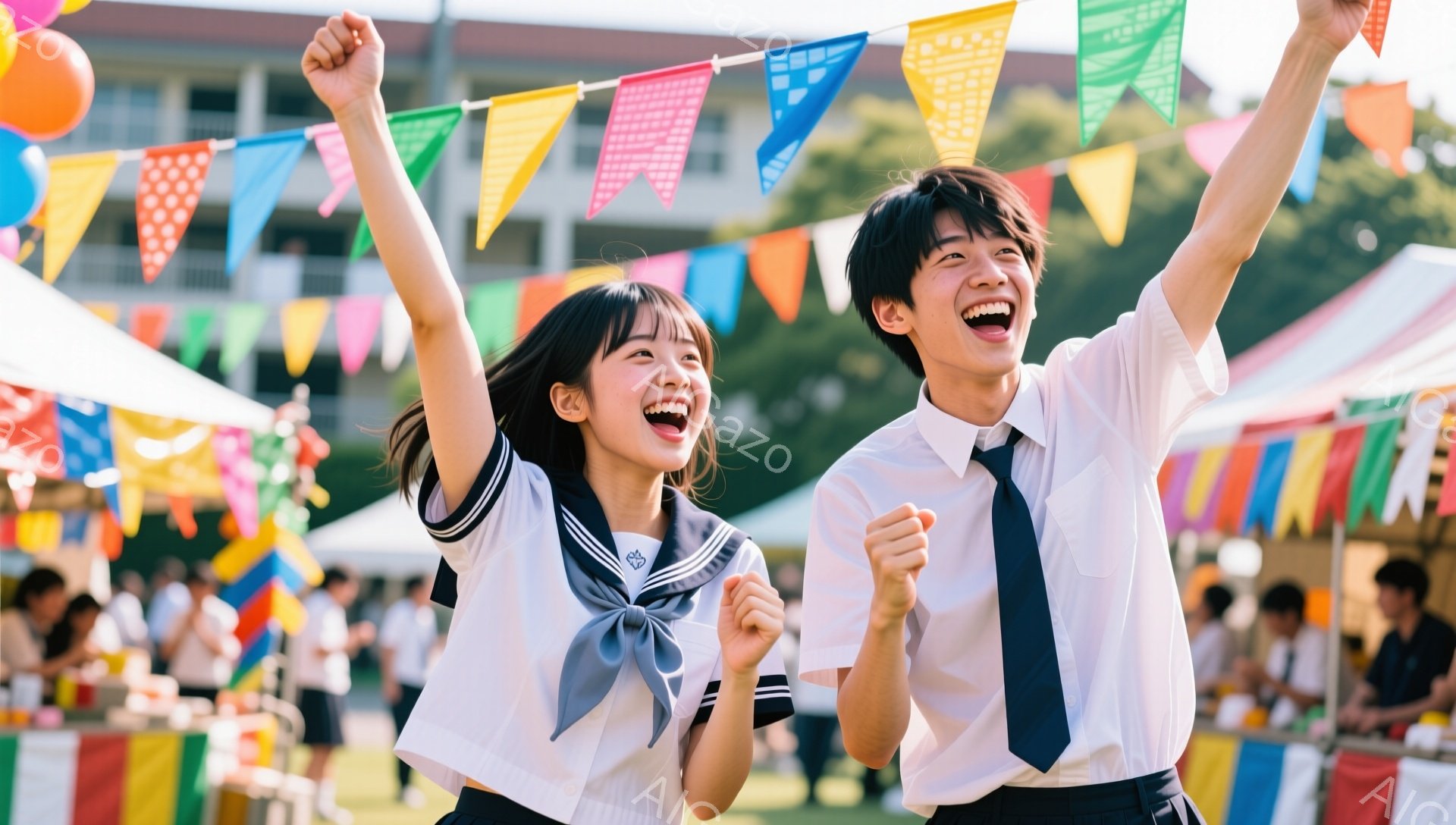 制服を着た男女が、腕を上げて笑顔で空を見ている。背景にはカラフルな旗が飾られ、テントや人々が見えることから、お祭りやイベントの様子であることがわかる。晴れた空と緑豊かな芝生が、明るく活気のある雰囲気を醸し出している。