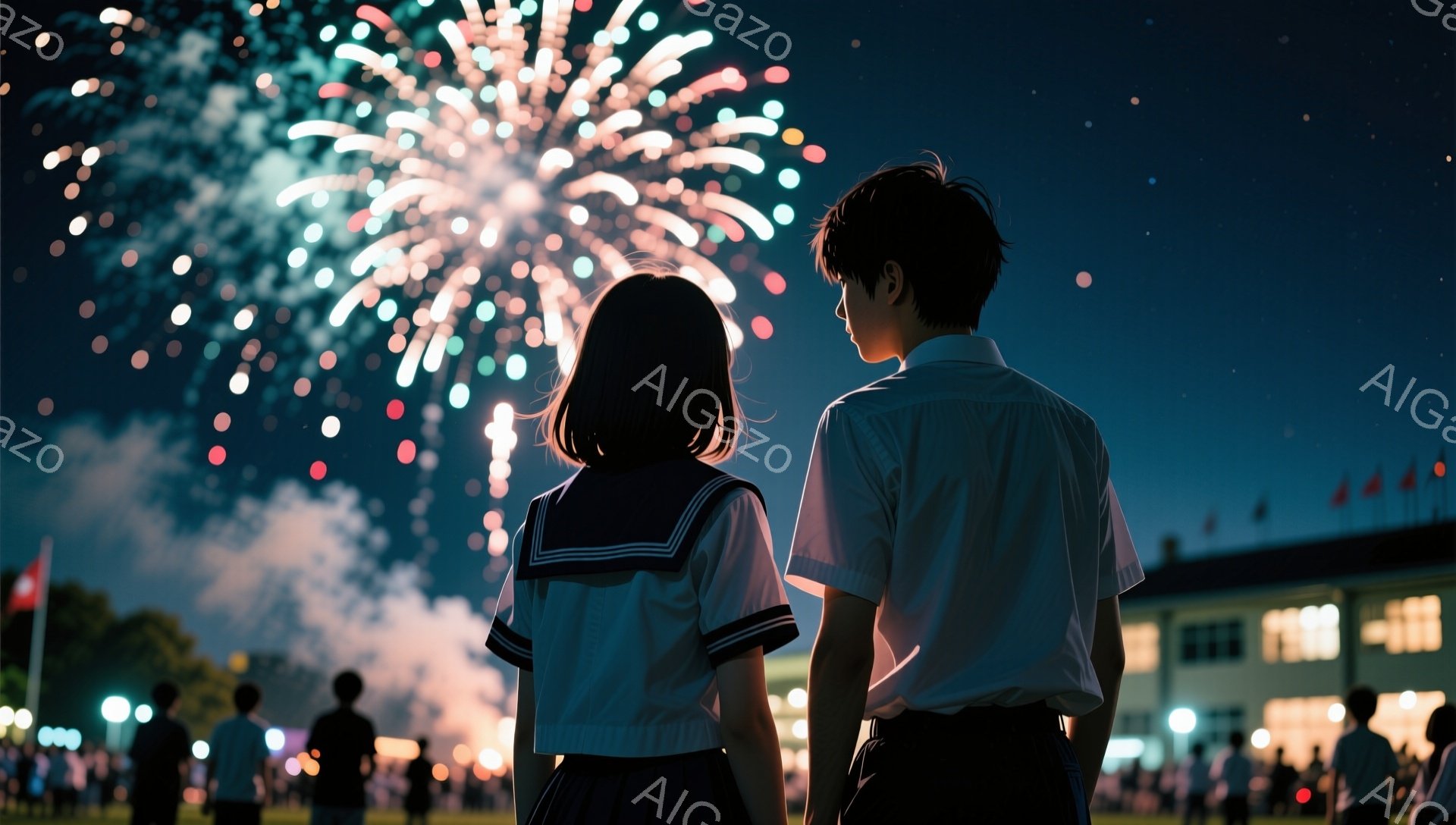 夜空には鮮やかな花火が咲き乱れ、背中を並べた男女がそれを見上げている。女子は紺色のセーラー服、男子は白いシャツ姿で、どちらも黒髪で、表情ははっきりとは見えないが、感動している様子が伝わってくる。周囲には多くの人が集まっており、背景には建物と緑地が見え、夏の夜の祭りの熱気とロマンチックな雰囲気が漂う。