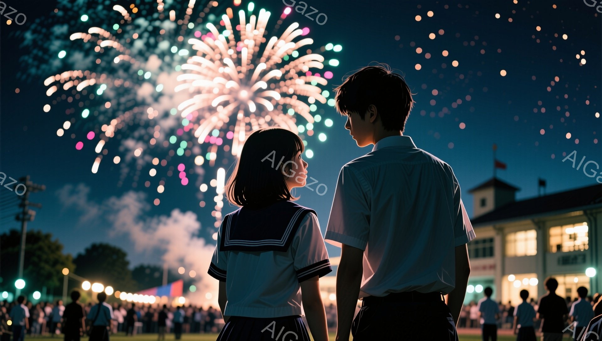 制服を着た少年少女が、夜空に打ち上げられる花火を見上げている。少女はセーラー服を着ており、短髪で後ろ姿のみが見える。少年は白いシャツにズボンという制服姿で、少し上目遣いで花火を見つめている。背景には、 - AI生成フリー素材