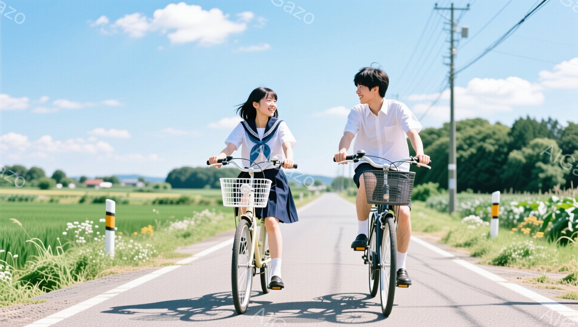 紺色のセーラー服の少女と白いシャツに黒いズボンを履いた少年が、それぞれ自転車に乗り、並んで田舎道を走っている。二人は笑顔で前を見つめ、とても楽しそうな雰囲気である。背景には緑の田んぼと白い花が咲き乱れ - AI生成フリー素材