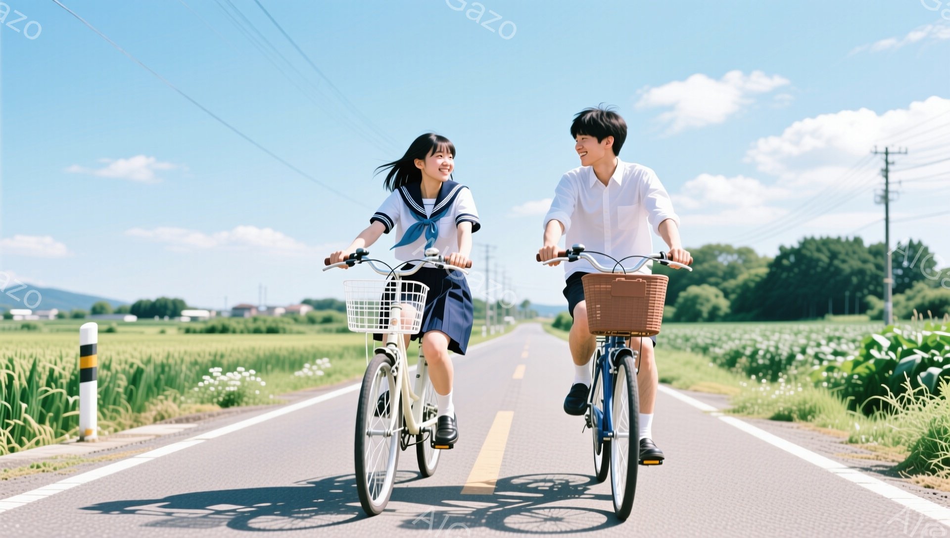 セーラー服の少女と白いシャツの少年が、田舎道を自転車で並んで走っている。二人は笑顔で前を見つめ、夏の太陽の下、楽しそうな雰囲気を醸し出している。背景には緑豊かな田園風景が広がり、白い花が咲く道端がのど - AI生成フリー素材
