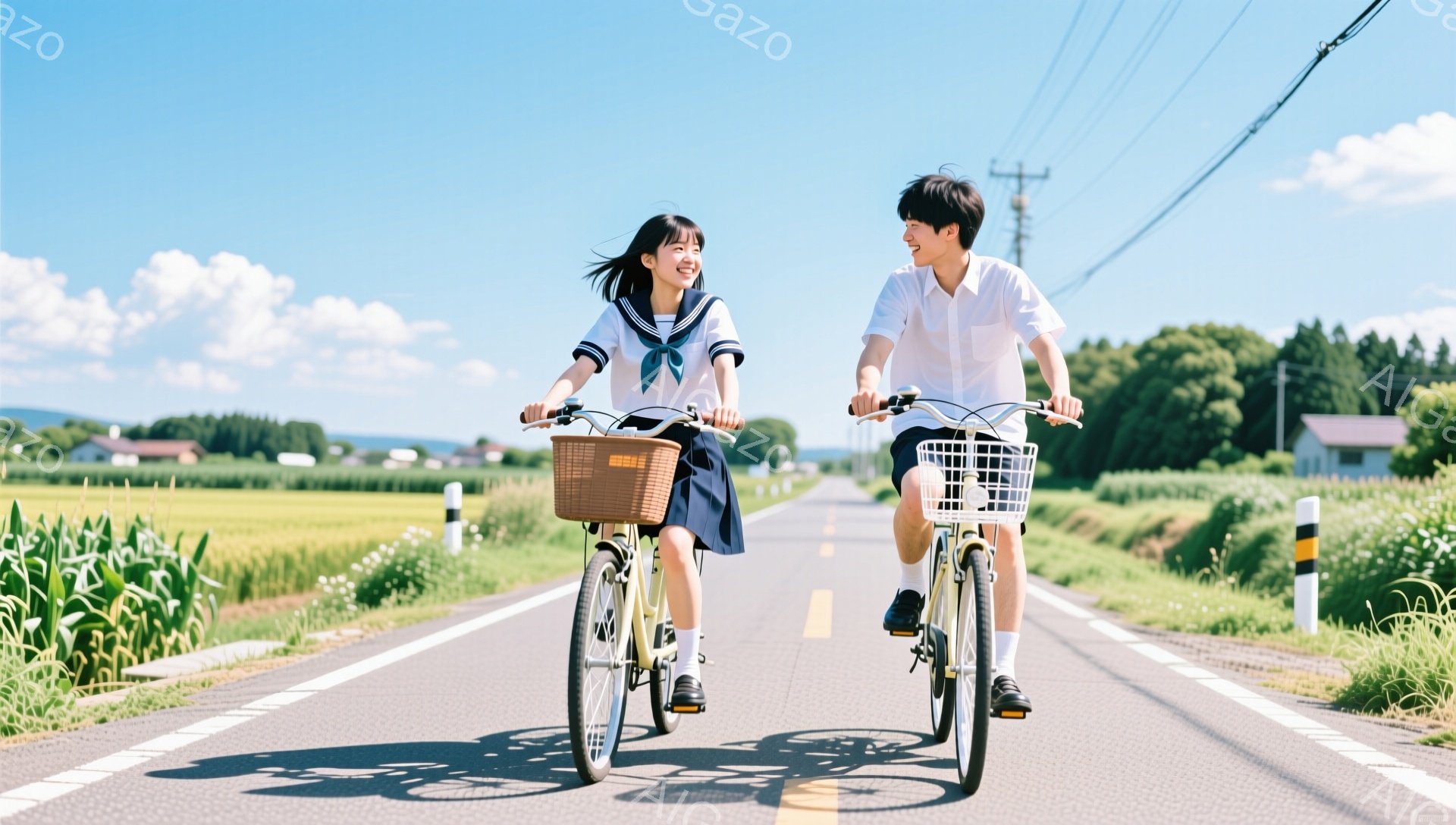 青空の下、制服を着た男女が自転車で並んで走っている。女子生徒は紺色のリボンと短い髪で、笑顔で前を見つめている。背景には緑豊かな田園風景が広がり、道路の両側には白い花が咲き乱れ、晴れた夏の日の穏やかな雰 - AI生成フリー素材