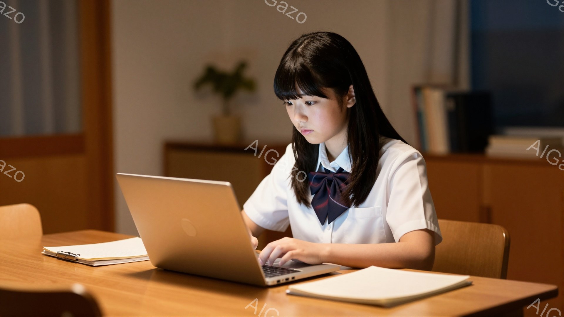 制服を着た若い女性が、木製の机に向かってノートパソコンを使用している。彼女は黒髪のショートヘアで、少し真剣な表情でキーボードを見ている。背景には木製の棚と植物が見え、室内は落ち着いた雰囲気である。