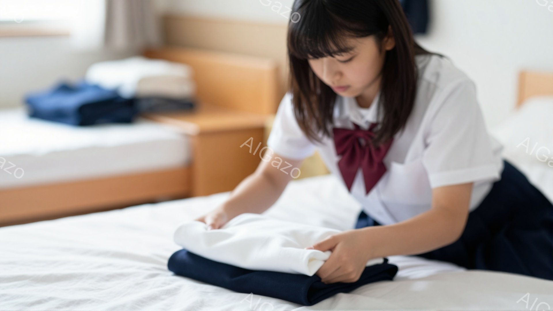 制服姿の女子学生がベッドの上で白いシャツを畳んでいます。彼女は黒髪のショートヘアで、集中した表情で丁寧に服を扱っています。背景にはもう一つのベッドと壁が見え、質素な部屋の様子が伺えます。