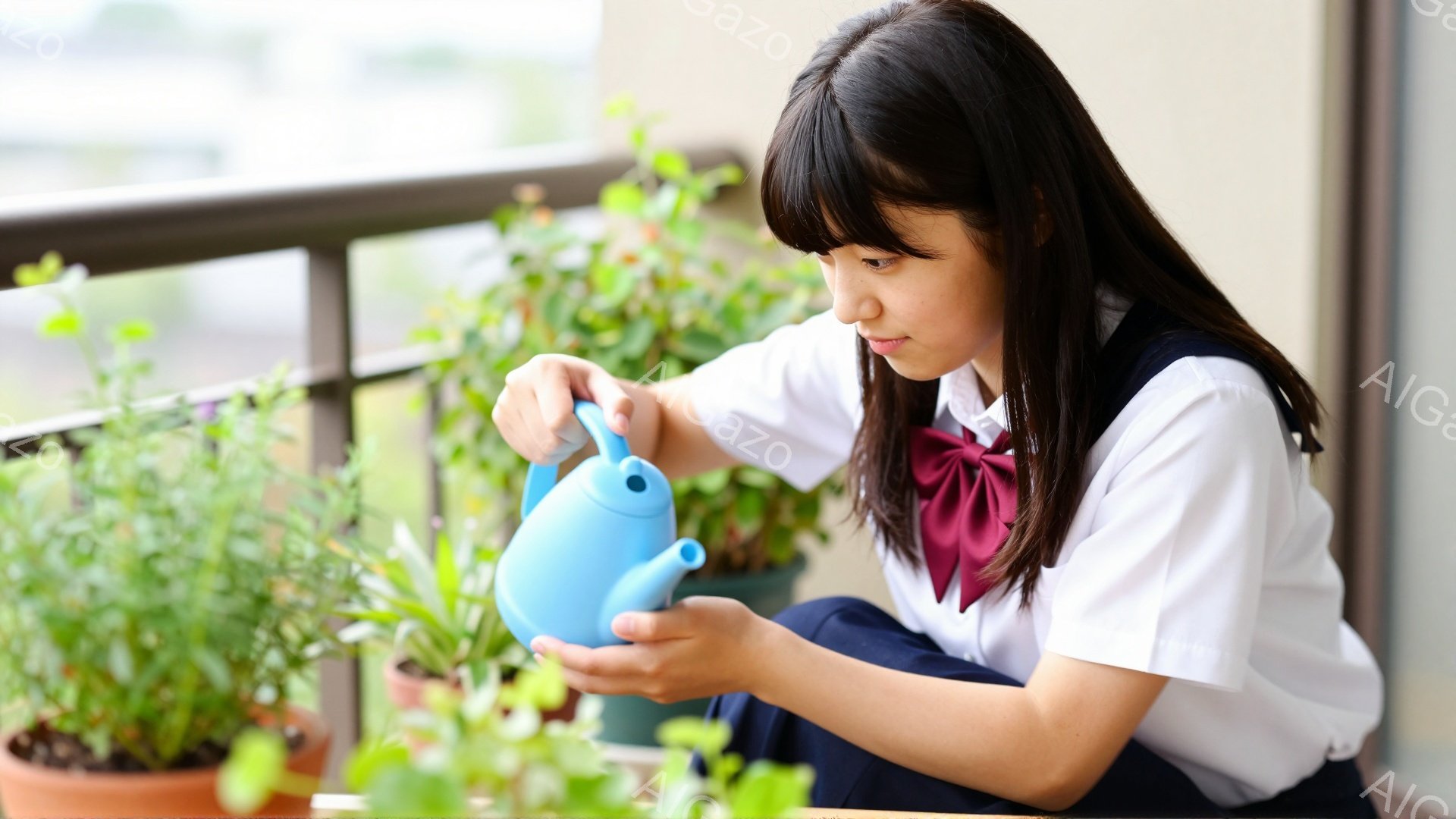制服を着た女子学生が、水色のジョウロを使って植物に水をやっています。彼女は黒髪で、前髪が目にかかるようにカットされています。背景には緑豊かな植物が並び、遠くには建物が見え、穏やかな日の光が差し込んでい - AI生成フリー素材