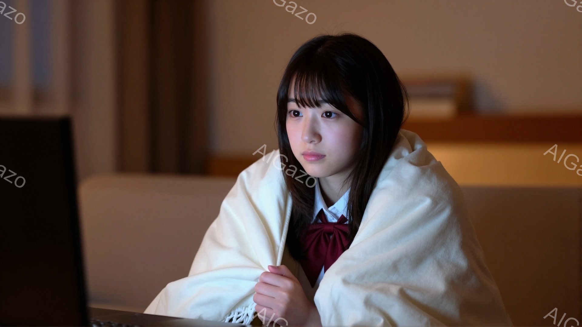 長い黒髪で前髪のある若い女性が、白いブランケットを肩に巻いています。制服のような白いシャツに赤いリボンとネクタイを着用し、少し不安そうな表情で何かを見つめています。背景はぼやけており、部屋の一部が見えますが、全体的に落ち着いた、内省的な雰囲気です。