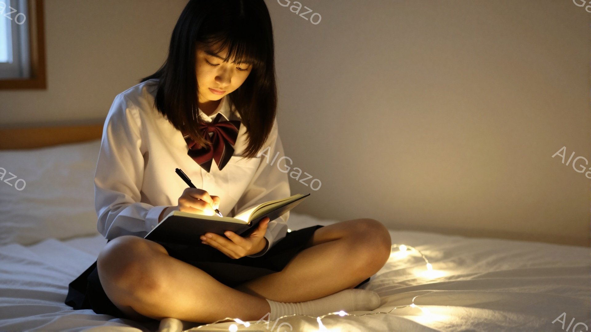 少女は白いシャツとチェック柄のリボン、膝丈のスカートを身に着け、ベッドの上に座ってノートに何かを書き込んでいる。彼女は黒髪で、前髪が目にかかっており、集中した表情で筆記をしている。背景にはぼんやりとした壁と、暖かい光を放つ小さな電飾が散りばめられており、全体的に落ち着いた雰囲気が漂っている。