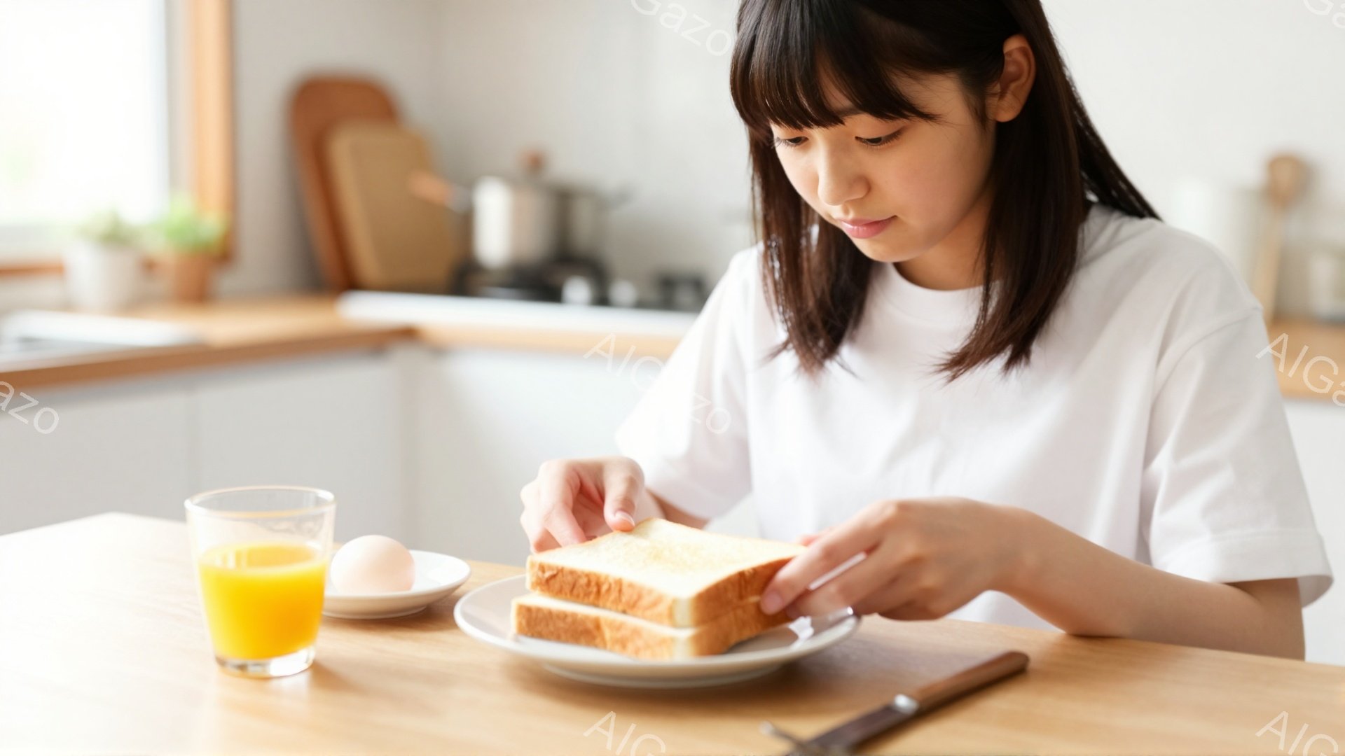 若い女性がキッチンでトーストに何かを塗っています。彼女は白いTシャツを着ており、前髪を下ろした短い髪型をしています。背景にはキッチン用品や木製のカウンターがあり、明るく落ち着いた雰囲気です。