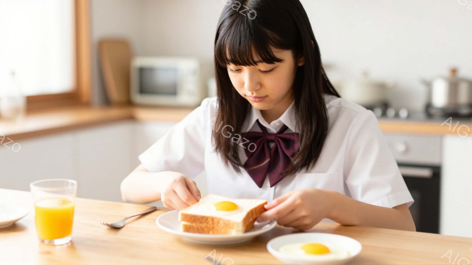 制服姿の少女が、トーストに目玉焼きを乗せようとしている。彼女は黒髪のショートヘアで、少しうつむき加減に見え、真剣な表情で作業に取り組んでいる。背景にはキッチンがあり、オーブンや冷蔵庫が見え、朝食を準備している温かい家庭的な雰囲気が感じられる。