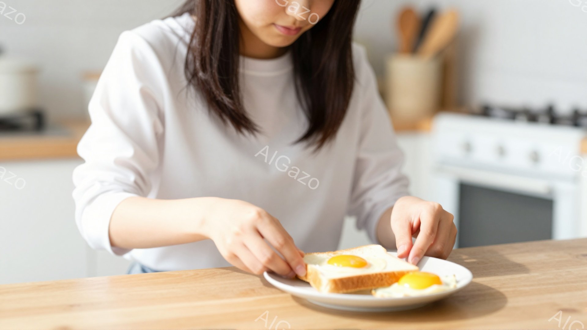 若い女性がトーストに目玉焼きを乗せようとしています。彼女は白い長袖のシャツを着ており、黒髪は肩まで伸びています。背景には、木製のカウンタートップと白いキッチン家電があり、暖かく家庭的な雰囲気が漂っています。