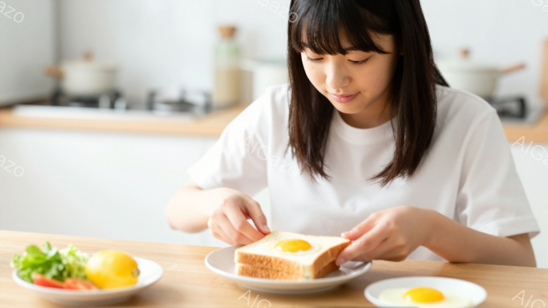 若い女性がキッチンでトーストに目玉焼きを乗せているところです。彼女は白いTシャツを着ており、前髪を短く切ったヘアスタイルで、少し眉間にしわを寄せ集中した表情をしています。背景には白いキッチンカウンター、調理器具、そしてサラダの盛り付けられた皿が見え、明るく清潔な家庭的な雰囲気が漂っています。