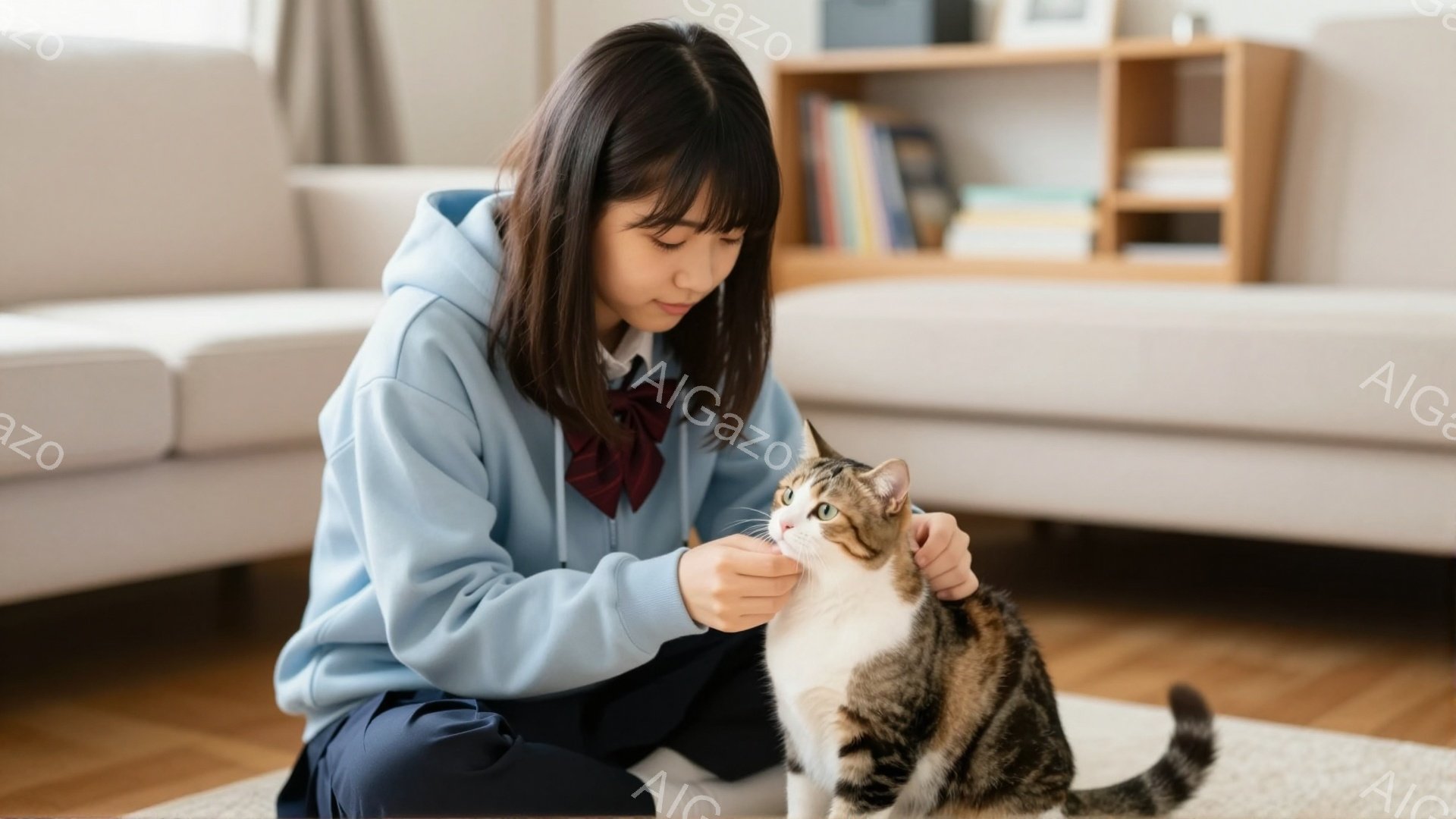 茶色と白の模様の猫を少女が優しく撫でています。彼女は水色のパーカーと紺色のスカート、赤いリボンを着用し、前髪を下ろしたヘアスタイルで、猫に集中した穏やかな表情をしています。背景には木製の棚とクリーム色のソファが見え、室内は暖かく家庭的な雰囲気です。