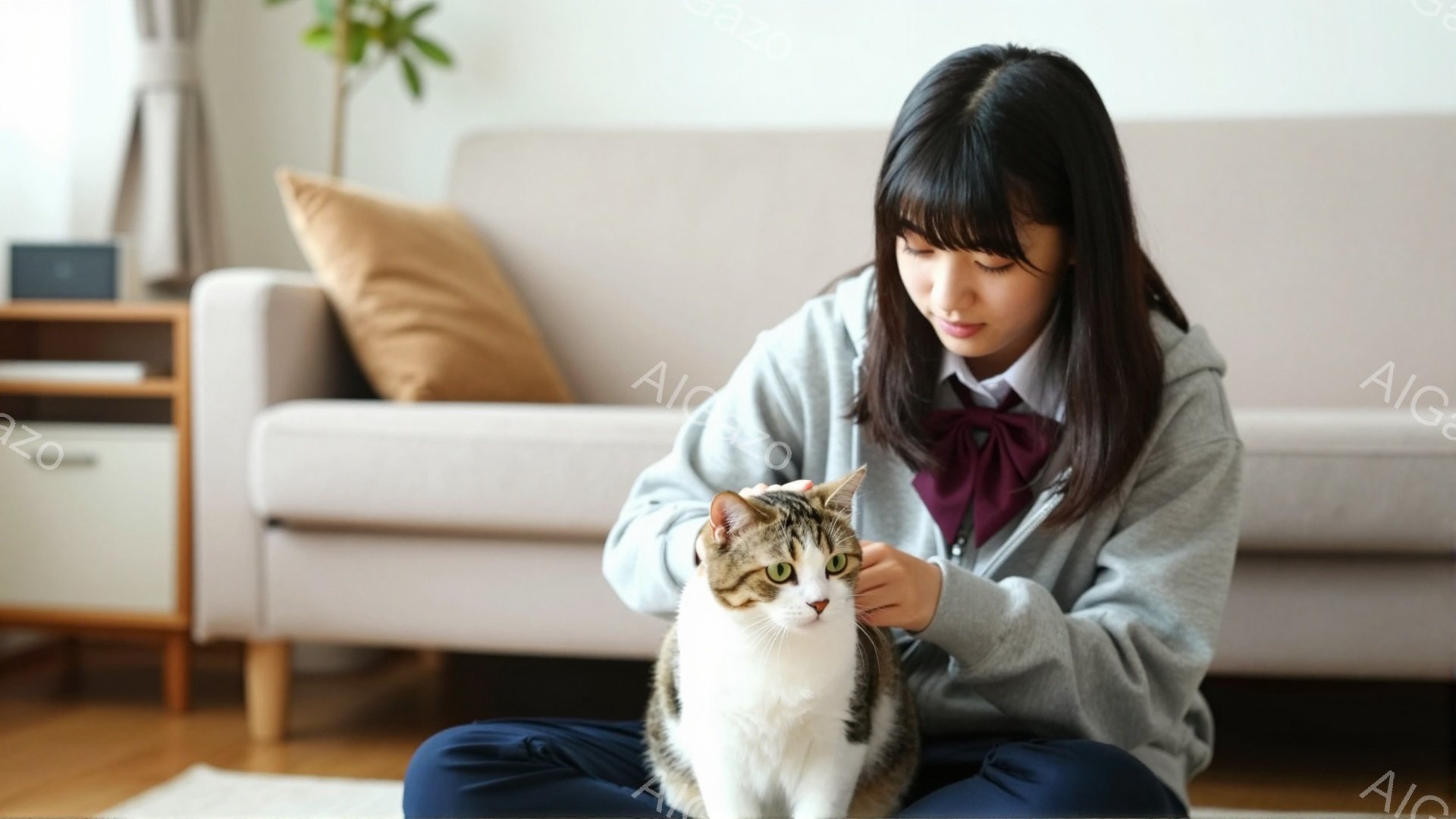 若い女性が床に座り、灰色の縞模様の猫を優しく撫でています。彼女はグレーのパーカーに紺色のスカート、赤いネクタイをしており、前髪を伸ばしたロングヘアです。背景には、ベージュ色のソファーと木製のチェストがあり、室内は暖かく穏やかな雰囲気です。