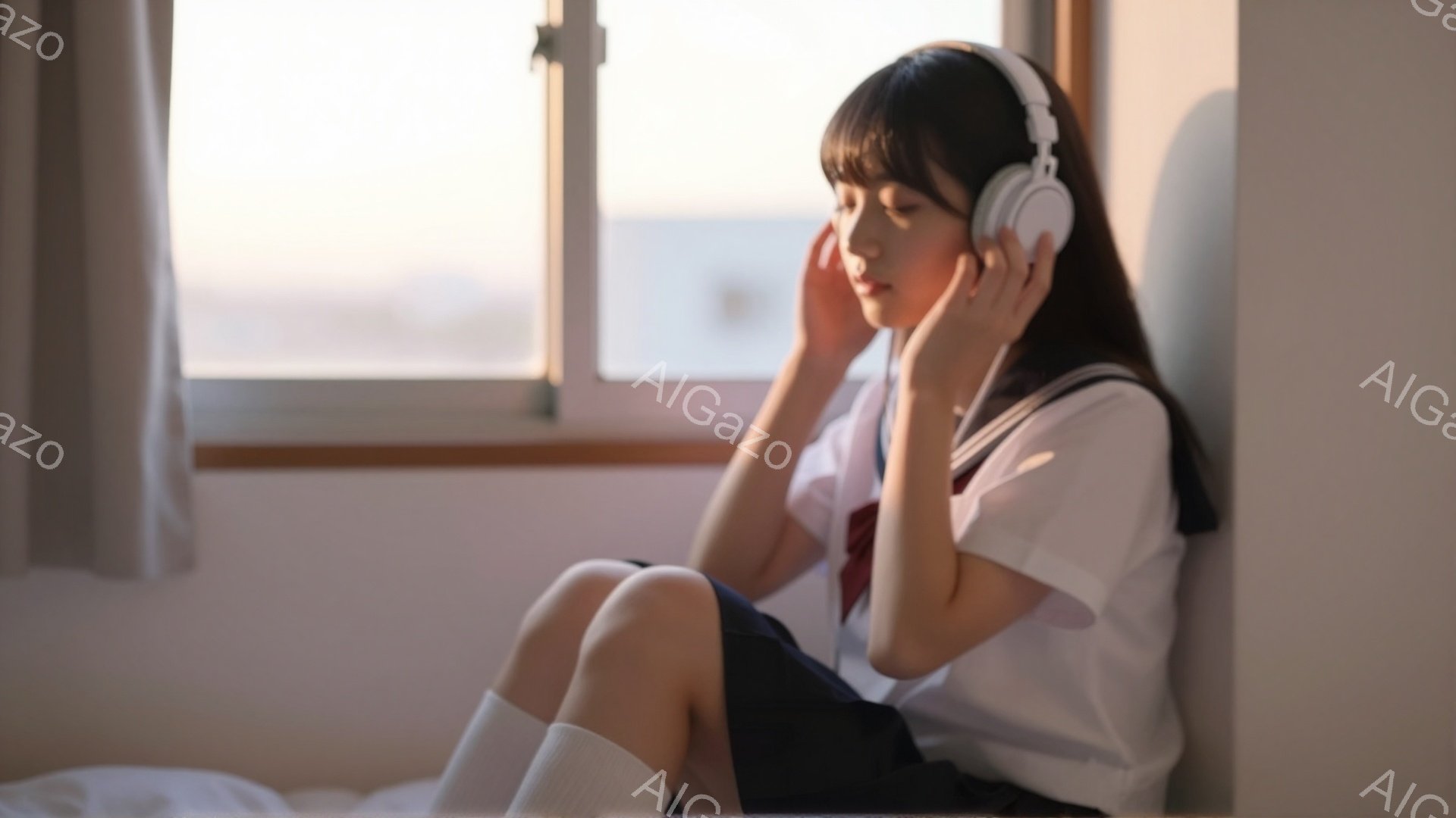 制服を着た少女が窓際に座り、ヘッドホンをつけて目を閉じて音楽を聴いている。紺色のスカートと白いソックスを履き、長い黒髪は肩にかかっている。背景には穏やかな光が差し込む窓と、ぼんやりと見える街並みがあり、静かで穏やかな雰囲気が漂っている。