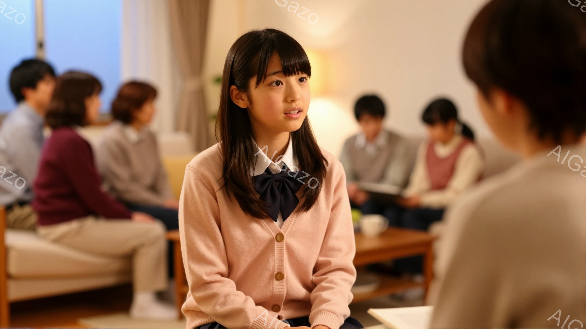 画像には、制服を着た若い女性が写っています。彼女はピンクのカーディガンを着ており、濃い青色のリボンが特徴です。彼女は少し微笑んでおり、誰かと会話している最中のように見えます。