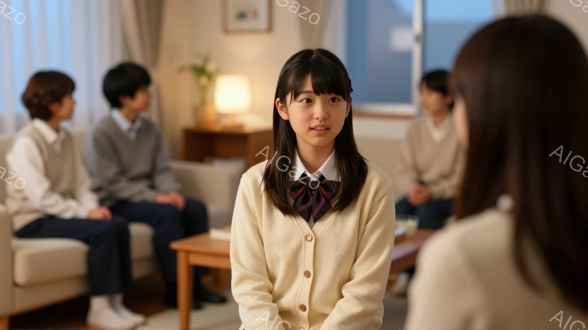 画像には、制服を着た女子高生が正面を見据えて座っており、明るい表情を浮かべている。背景には、同じ制服を着た男子生徒と女子生徒が、リビングルームのような場所でリラックスした姿勢で座っているのが見える。室内は暖色系の照明で照らされ、家庭的な雰囲気が漂っている。