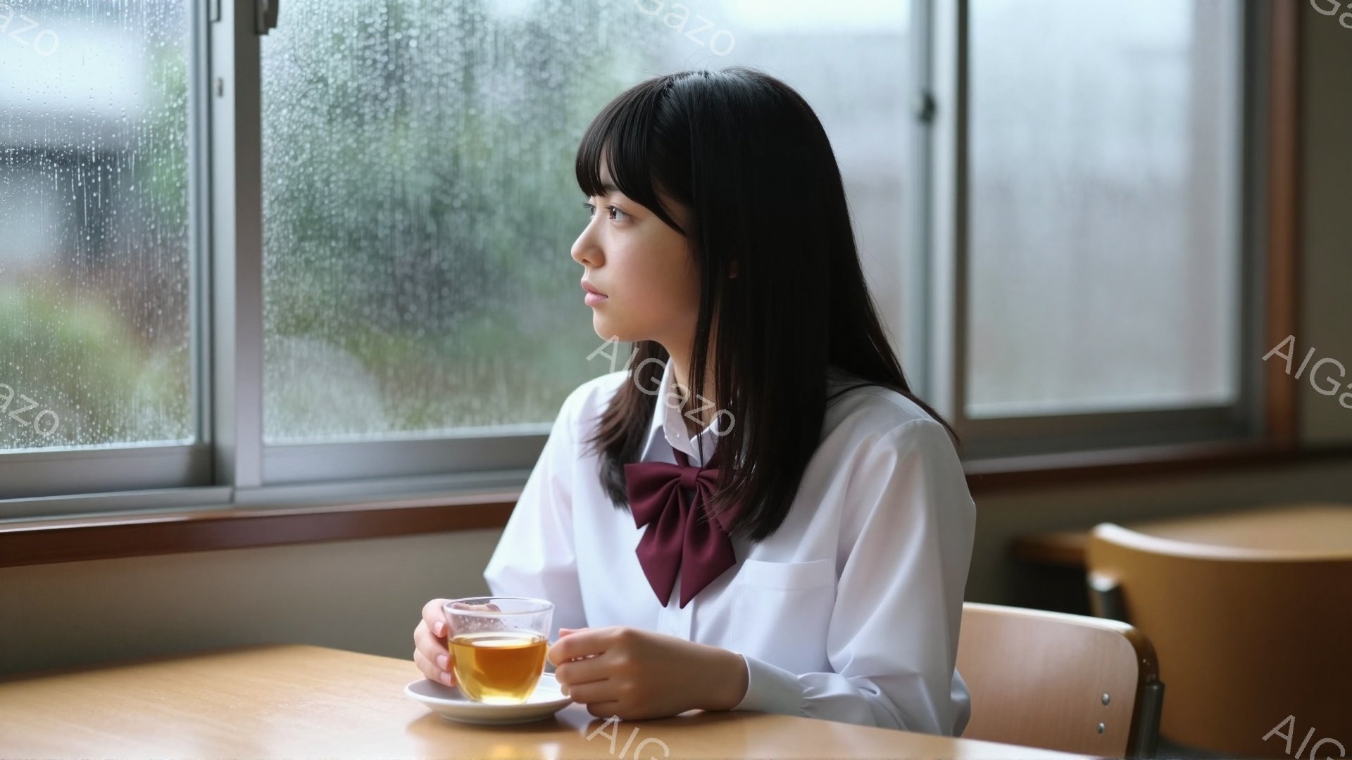 短い黒髪の少女が、窓の外を物憂げに見つめている。白いシャツにワインレッドのリボンをつけ、少し寂しげな表情をしている。窓の外は雨で霞んでおり、教室らしき場所で、テーブルの上にはお茶の入ったカップが置かれている。