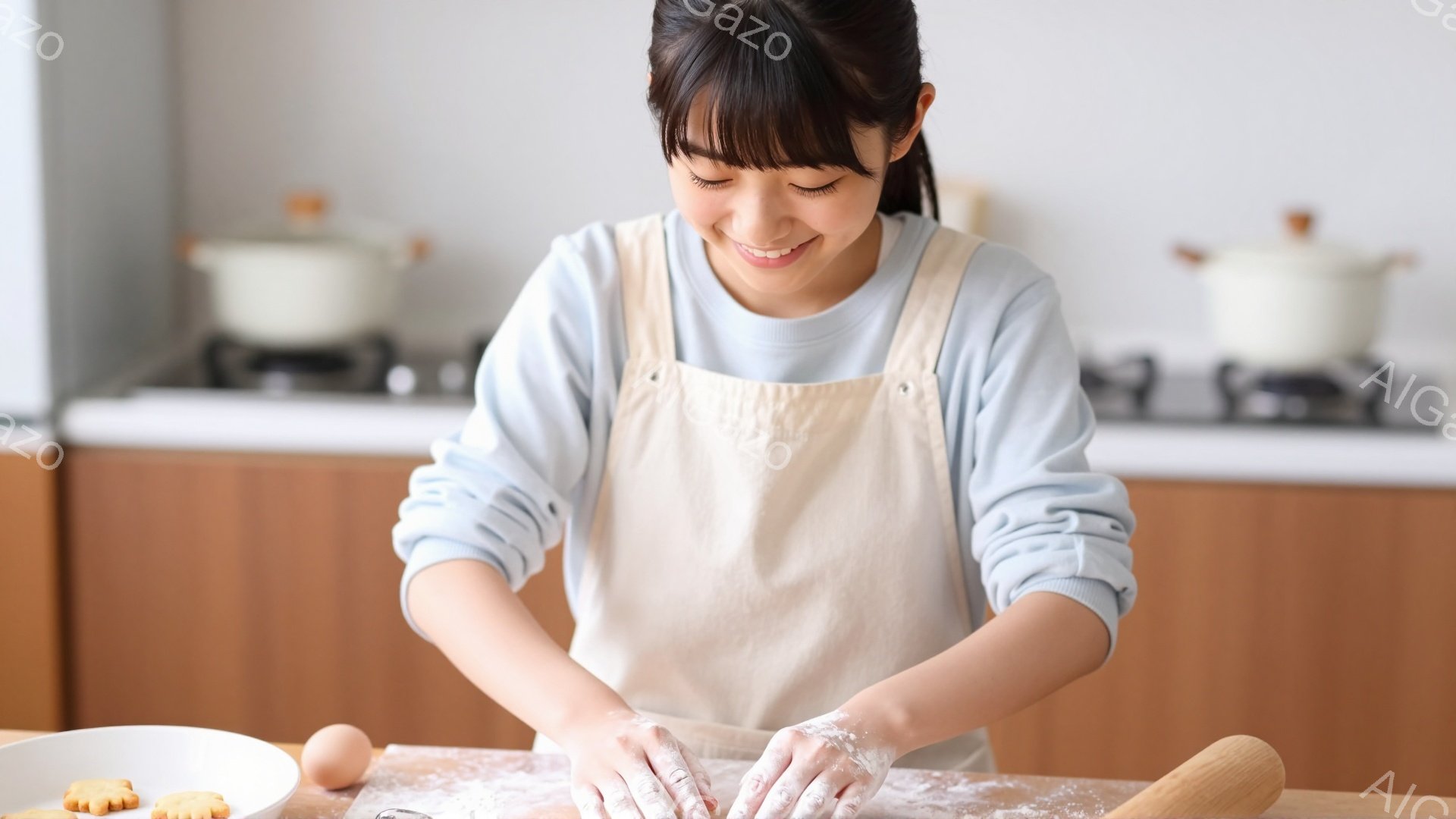 若い女性が小麦粉をこねており、楽しそうな表情を浮かべている。淡い水色の長袖シャツに生成りのエプロンを着用し、髪は後ろで一つに結んでいる。背景には木製のキャビネットとコンロが見え、暖かく家庭的な雰囲気を感じさせる。