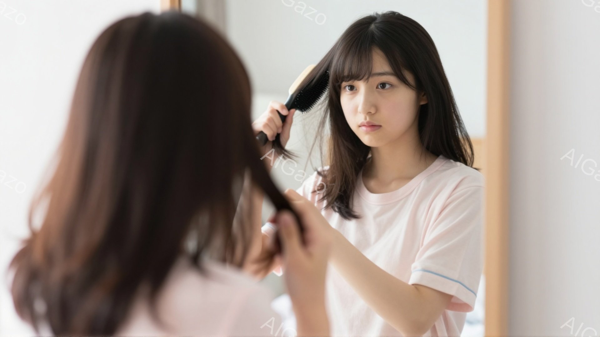 若い女性が鏡の前で髪をとかしています。彼女は薄いピンク色のTシャツを着ており、前髪が目にかかるくらいの長さで、ゆるやかなウェーブのかかった長い髪をしています。少し眉間にしわが寄っており、真剣な表情で自分の髪を見つめています。