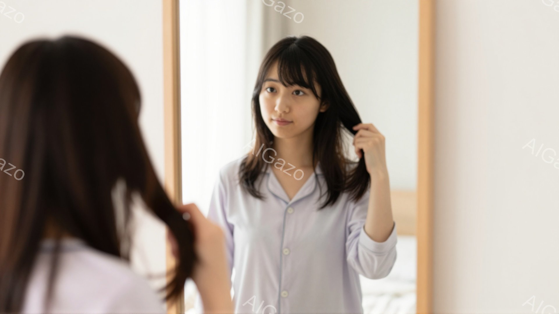 若い女性が鏡の前で自分の髪を触っている様子が写っています。彼女は薄いラベンダー色のシャツを着ており、長い黒髪は肩まで伸びています。表情は穏やかで、リラックスした雰囲気です。