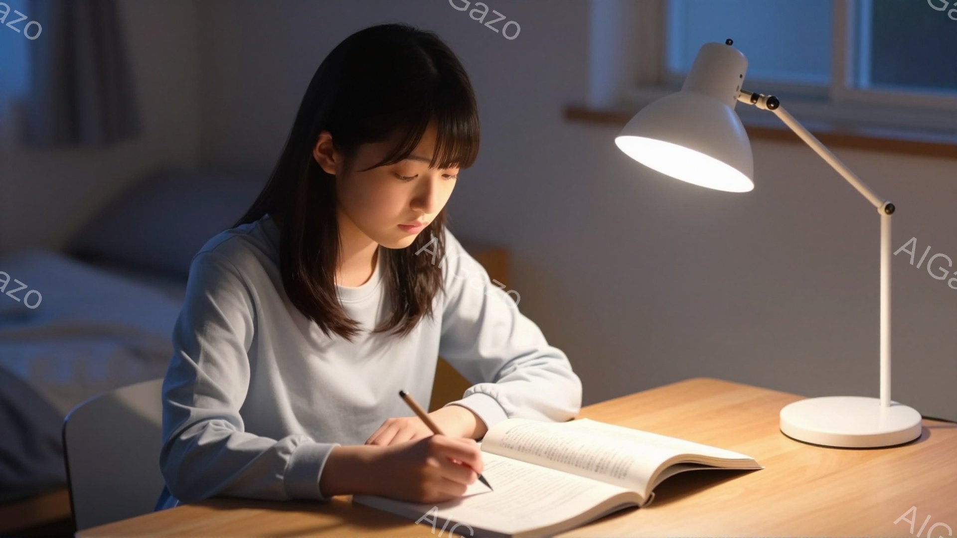 明るいデスクライトの下、若い女性が机に向かって本を開き、ペンで書き込んでいる。彼女は長い髪を耳にかけるようにまとめ、集中した表情で勉強に取り組んでいる。背景には白い壁とベッドが見え、部屋全体が落ち着いた雰囲気で、夜間の学習風景を表している。