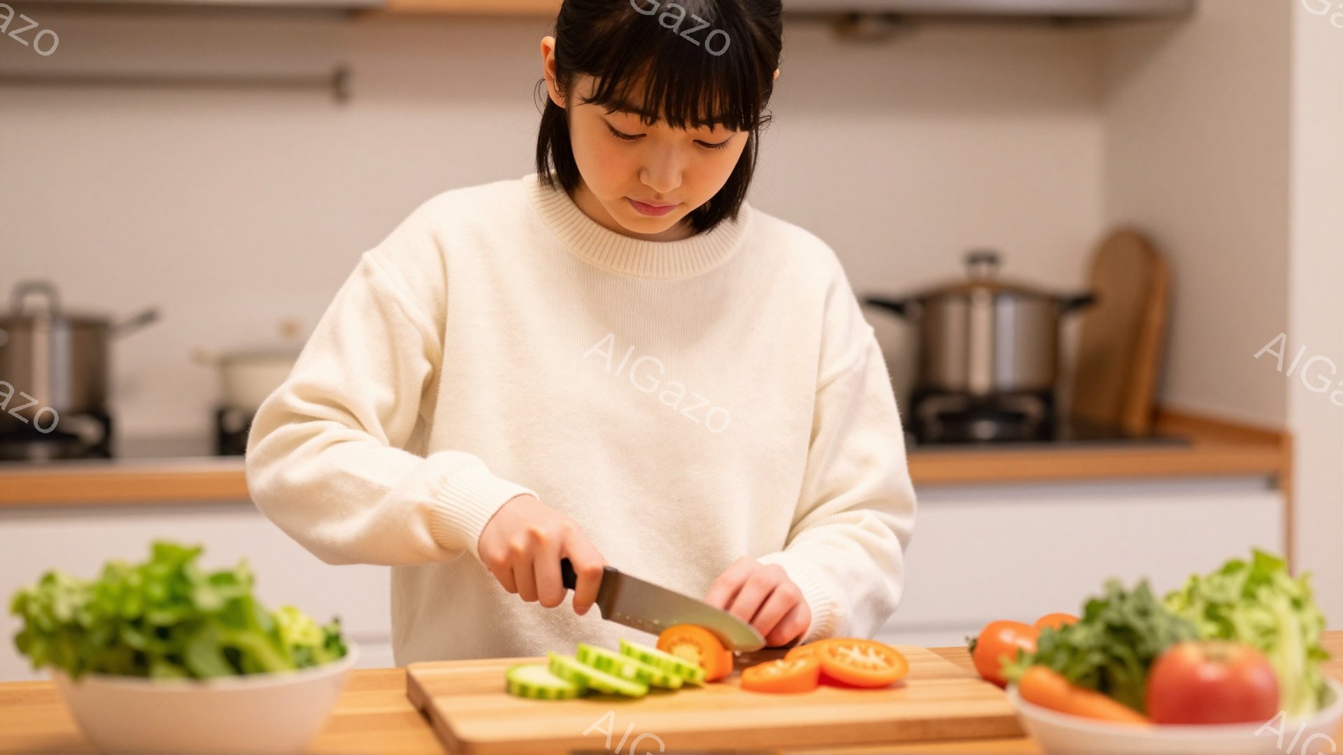 若い女性がキッチンで野菜を切っている様子が写っている。彼女は白いセーターを着ており、前髪を少し長めに残したヘアスタイルで、集中した表情でキュウリをカットしている。背景には、白いキャビネット、調理器具、そしてサラダの材料が散らばっており、明るく清潔感のある家庭的な雰囲気が漂っている。
